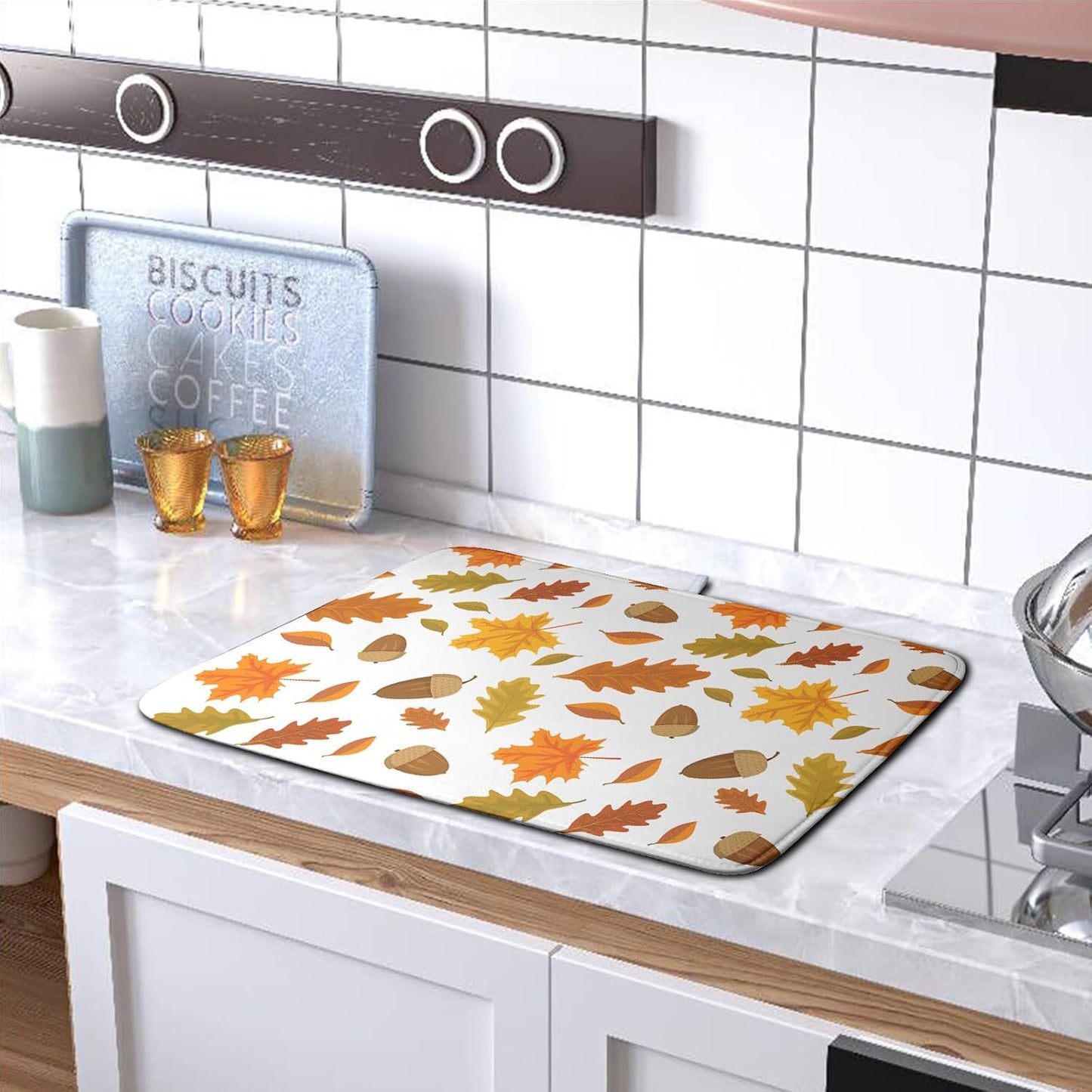 Fall Leaves Dish Drainer Mat - Absorbent Drying Mat for Counter - 18x24 Inch, Orange Maple Leaf Pattern