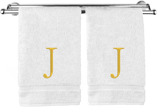 Monogrammed Hand Towel, Personalized Initial Gift, Extra Absorbent 100% Turkish Cotton - Soft Terry Finish - Set of 2 - Gold Block Initial J - Embroidered on White Towels