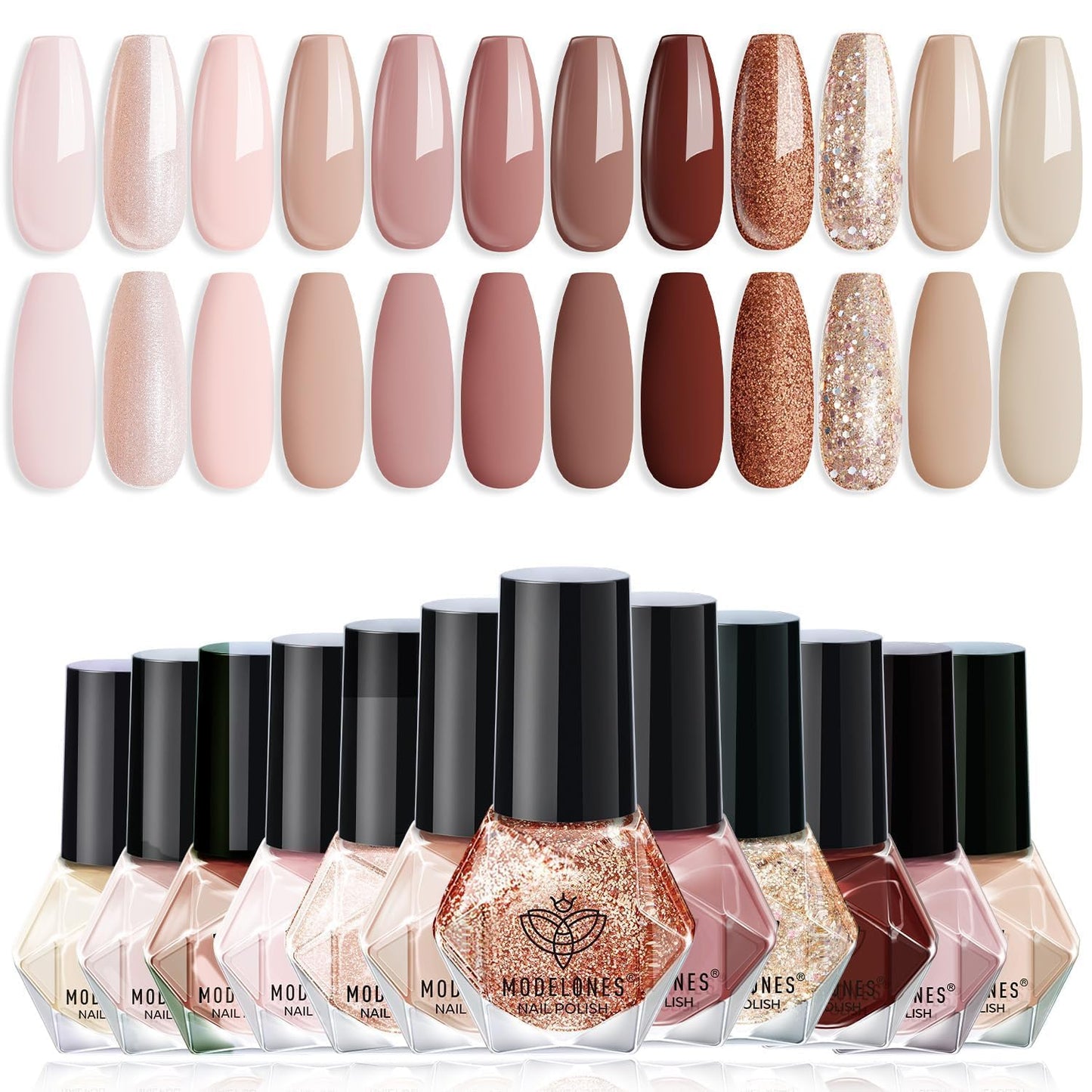 modelones Nail Polish Set 12 Colors Nude Brown Fall Nail Polish Set Champagne Gold Glitter Nail Polish Neutral Nude Pink Shimmer Fall Winter Brown Nail Gifts for Women Girl DIY Salon Home Manicure