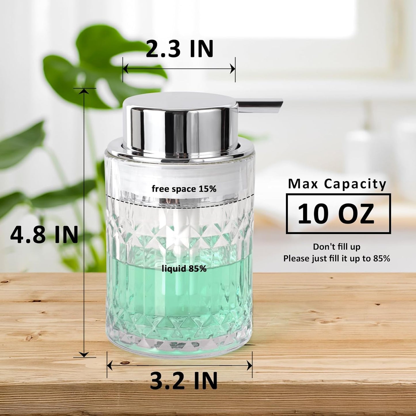 Bathroom Glass Soap Dispenser with Durable Rust-Proof Plastic Liquid Pump (Can't Foam) Hand Lotion Dispenser Antislip Shampoo Kitchen 10oz