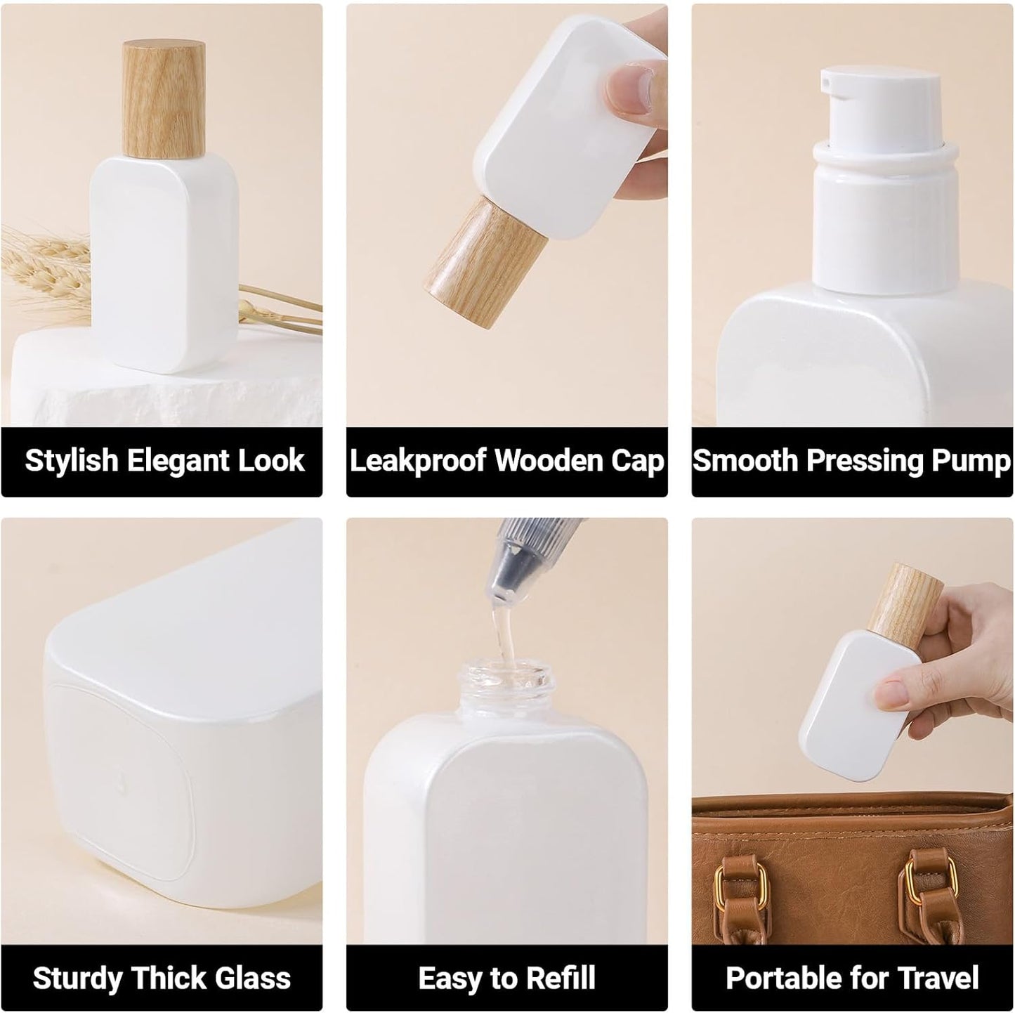 Segbeauty 1oz Glass Lotion Pump Bottles Dispensers Empty, 2pcs Refillable Travel Bottles for Toiletries, 30ml Travel Size Pump Bottle Dispenser for Skincare Cosmetics, White Foundation Container