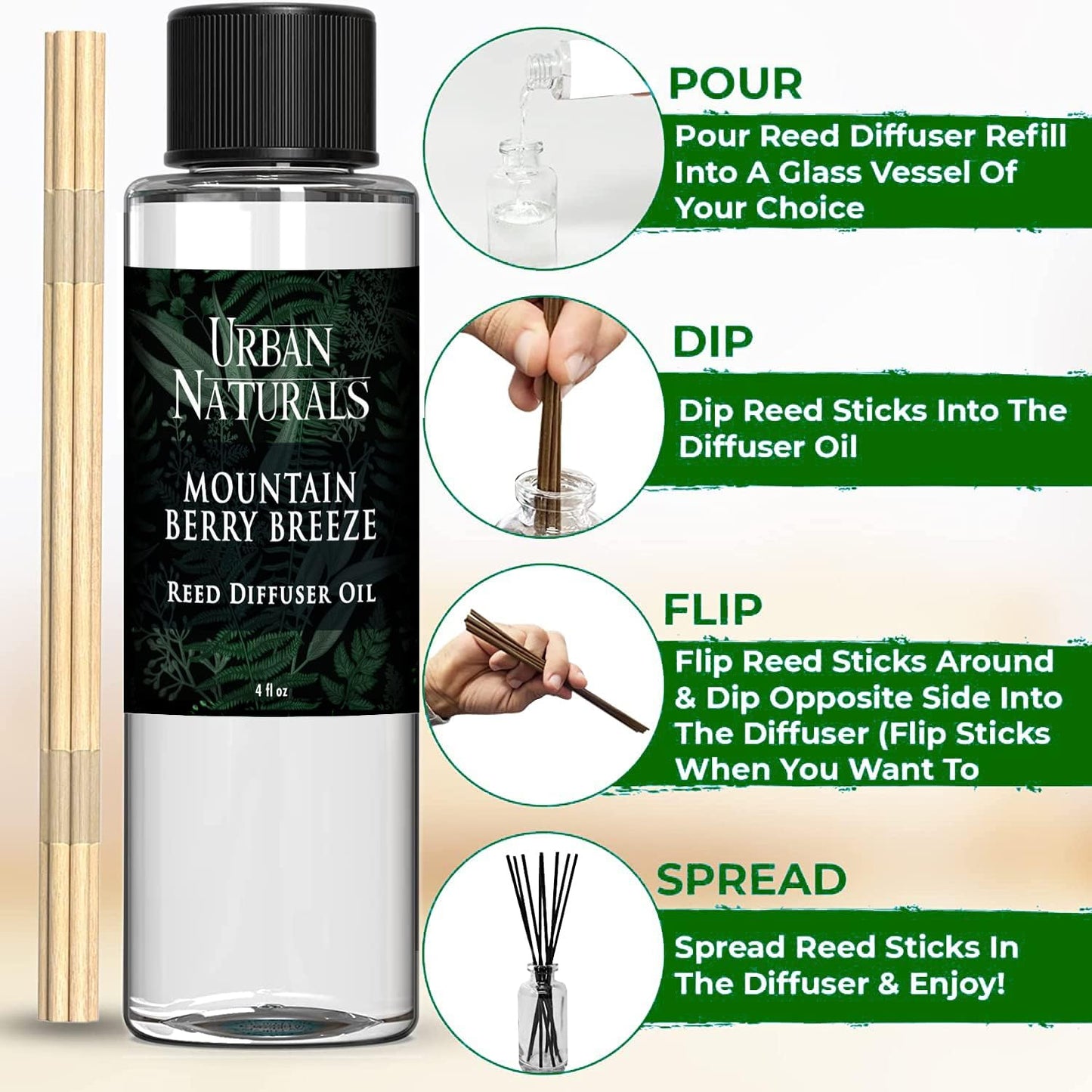 Urban Naturals Reed Diffuser Oil Refill, Mountain Berry Breeze Diffuser Oils with Juniper, Jasmine, Apple, 4 oz + Free Reed Sticks, Made in The USA