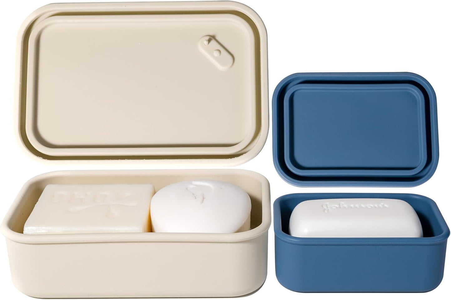 MtBoi 2PC Portable Leakproof Travel Soap Case, Silicone Travel Soap Case, Compact Soap Holder with Drainage Layer, Travel Soap Holder for Camping, Gym, Outdoor White&DarkBlue