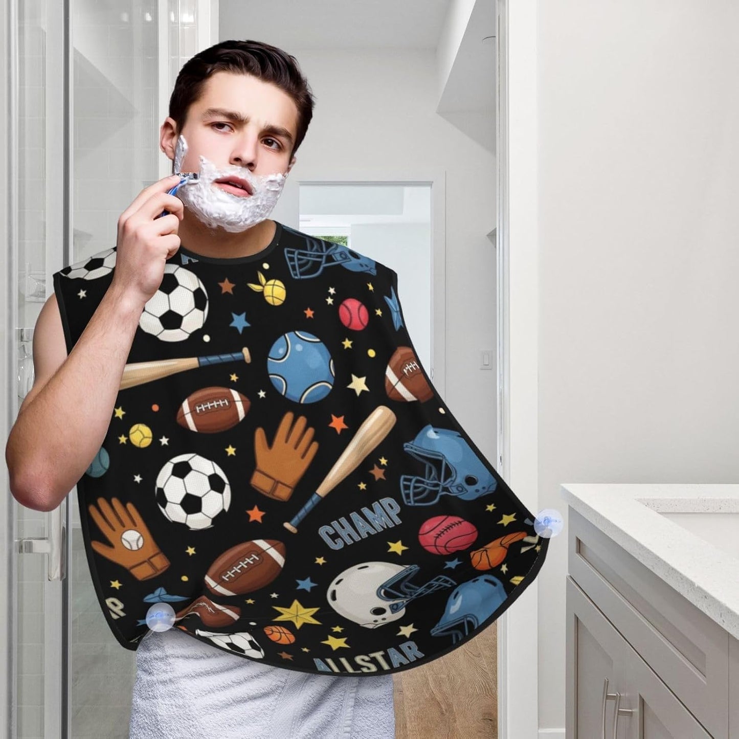 Beard Bib with 3 Suction Cups, Non-Stick Waterproof Hair Catcher Apron, Men's Shaving Essential for Grooming, Cool Ice Hockey Ball Soccer Basketball Baseball Football American Sport Shave Bib