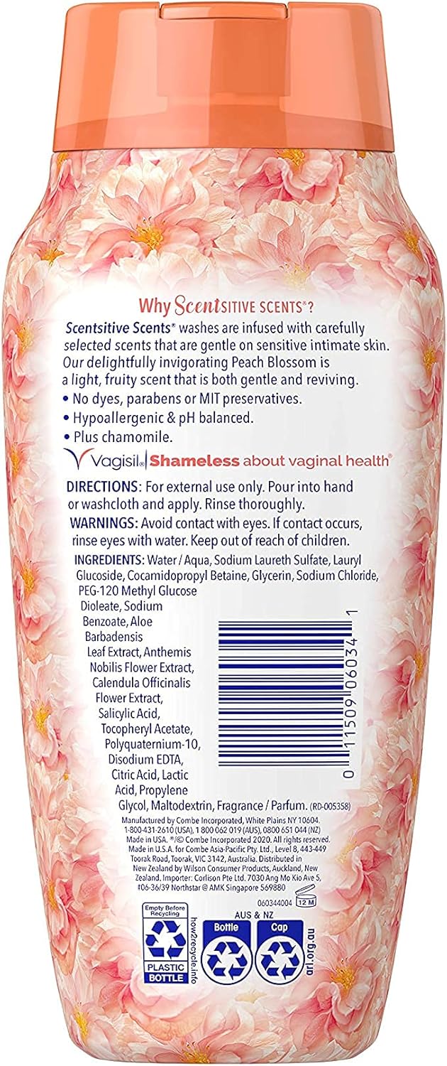Vagisil Feminine Wash for Intimate Area Hygiene, Scentsitive Scents, pH Balanced and Gynecologist Tested, Peach Blossom, 12 oz (Pack of 1)