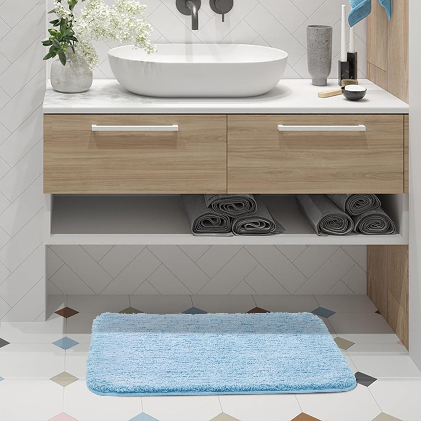 ROSMARUS Shaggy Bath Rugs for Bathroom Non Slip 17" X 24", Water Absorbent Bath Mat, Soft Shower Mat for Floor & Tub, Fluffy Plush Rug Machine Washable, Blue