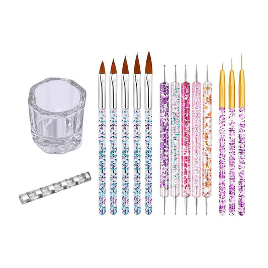 Nail Art Tools Set，including 5 Dotting Tools, 3 Striping Brushes, 5 Nail Art Brushes, 1 Brush Holder, 1 Nail Crystal Cup -Gift it to a friend or treat yourself