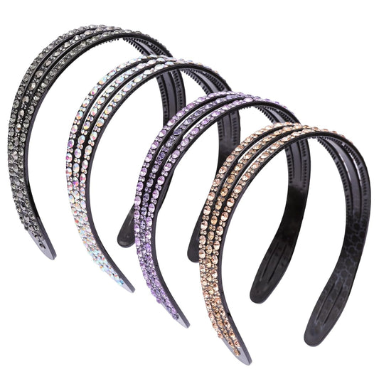 Rhinestone Headbands for Women Girls Sparkle Wide Headband with Teeth Fashion Non Slip Hairbands Comfort High Elastic Plastic Hair Hoop Bling Hair Accessories with 4PCS