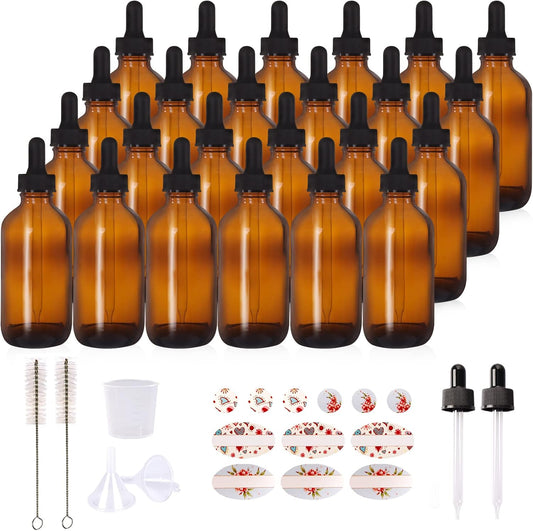 24 Pack 4oz Amber Glass Bottles with Glass Eye Droppers for Essential Oils, Perfumes & Lab Chemicals (Brushes, Funnels, Extra Droppers, Labels & Measuring Cup Included)