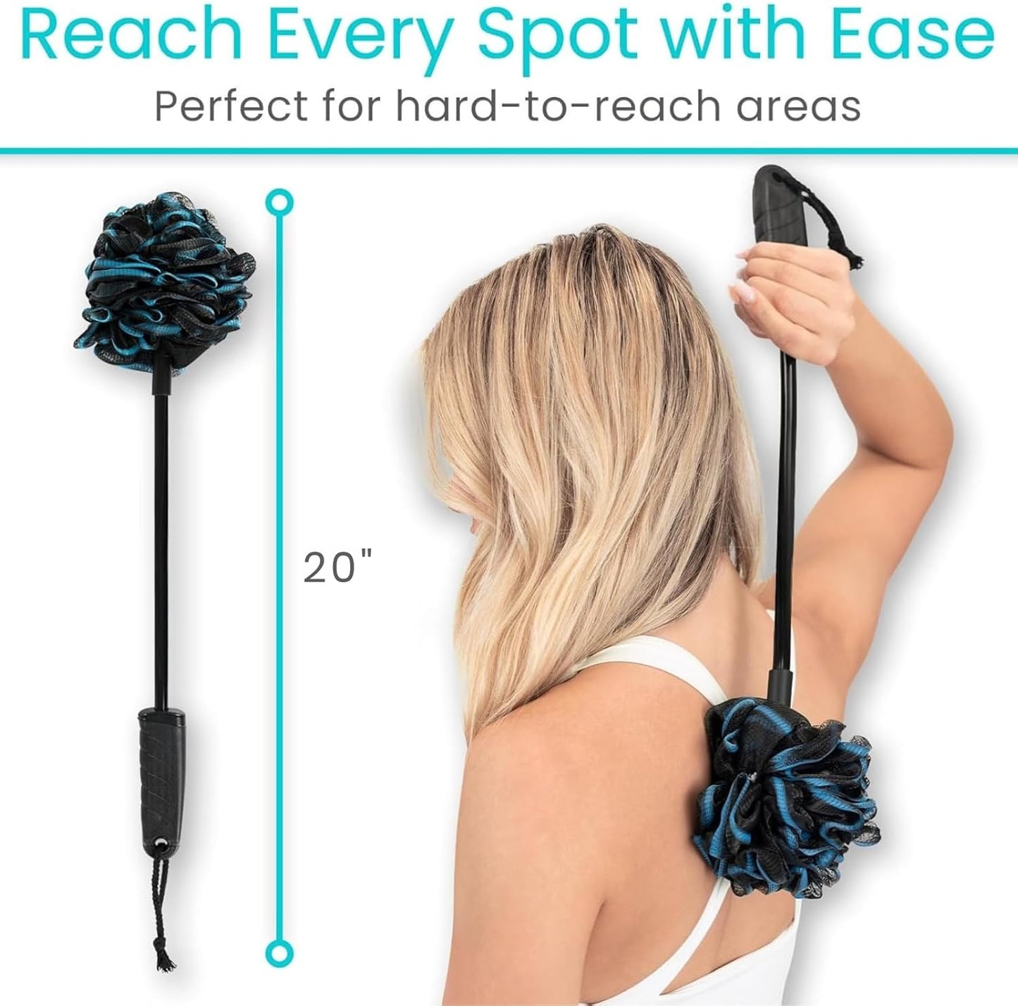 Vive Bendable Loofah on a Stick with Long Handle - Body Exfoliator Luffa & Long Handled Sponge - Back Scrubber & Bath Brush Lufa for Shower, Women, Men, Elderly - Handheld Loofa & Wall Hook Included