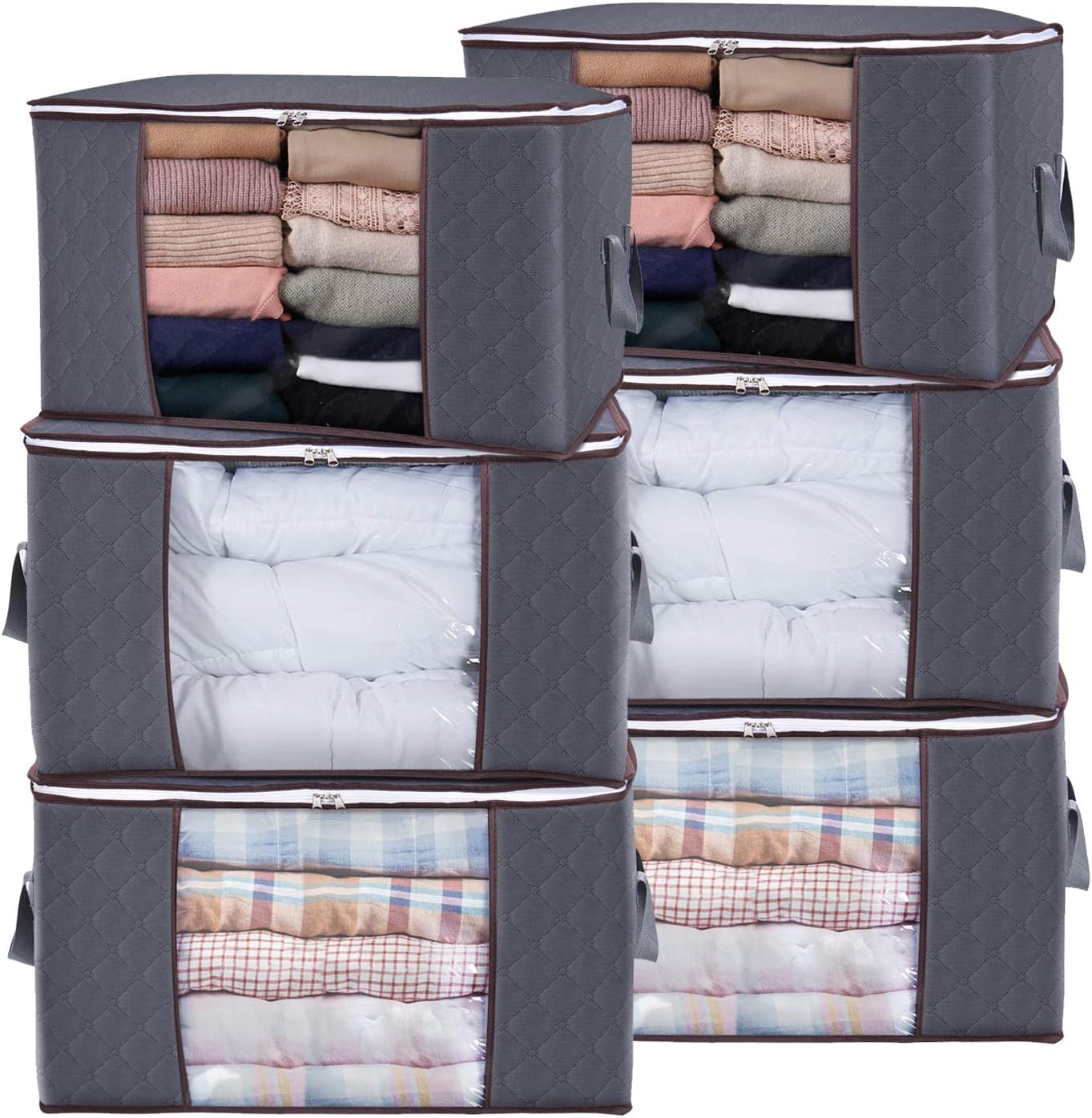 Lifewit 90L Large Storage Bags, 6 Pack Closet Organizers and Storage, Clothes Storage Bins with Lids, Foldable Storage Containers with Reinforced Handles for Clothing, Blanket, Bedding, Comforter Gray