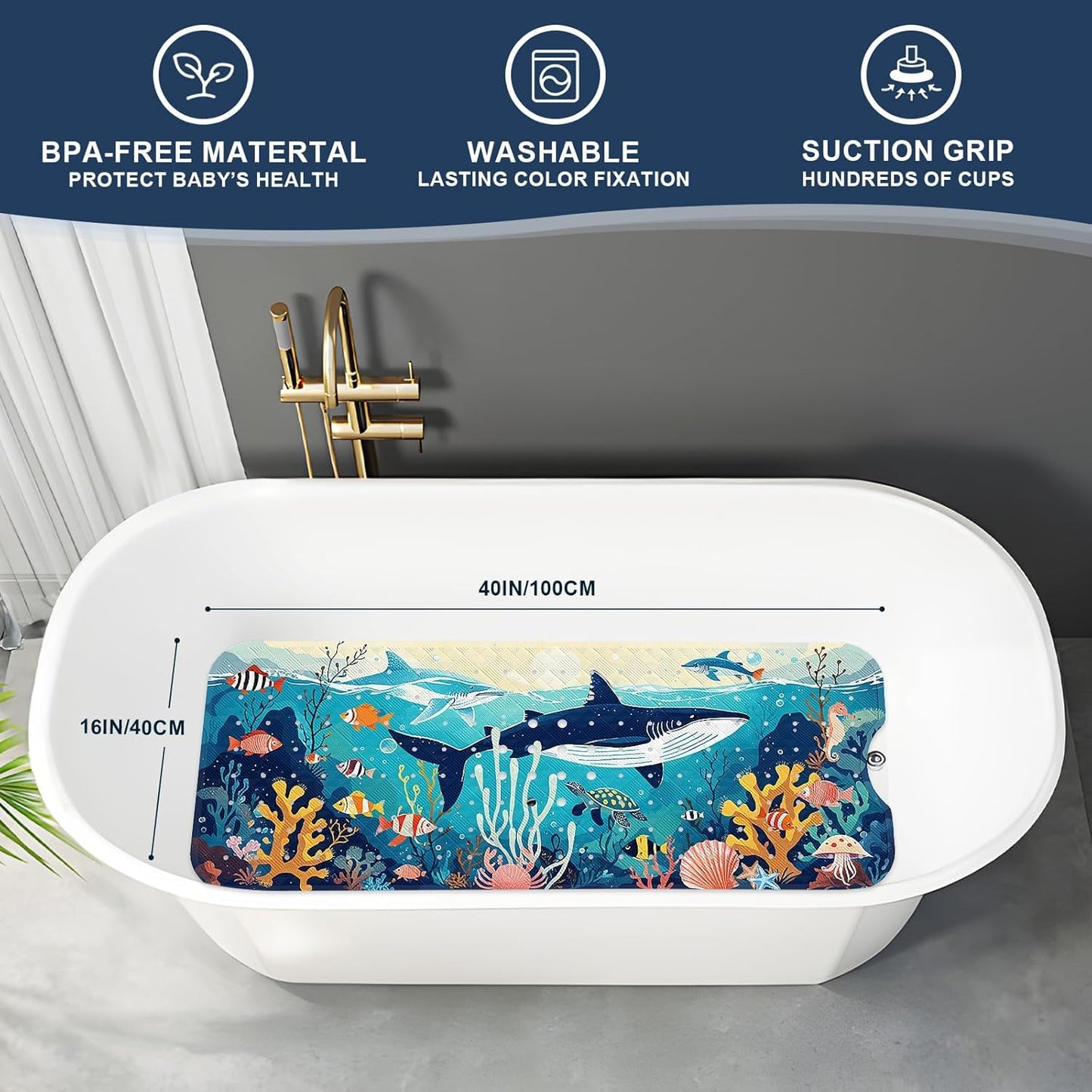 XIYUNTE Baby Bath Mat for Tub Non Slip Kids Bath Mat - 40"x16" Extra Long Bathtub Mat Non Slip Kids, Eco-Friendly Toddler Bath Mats with Suction Cups for Secure Grip, Easy to Clean & Easy Drying