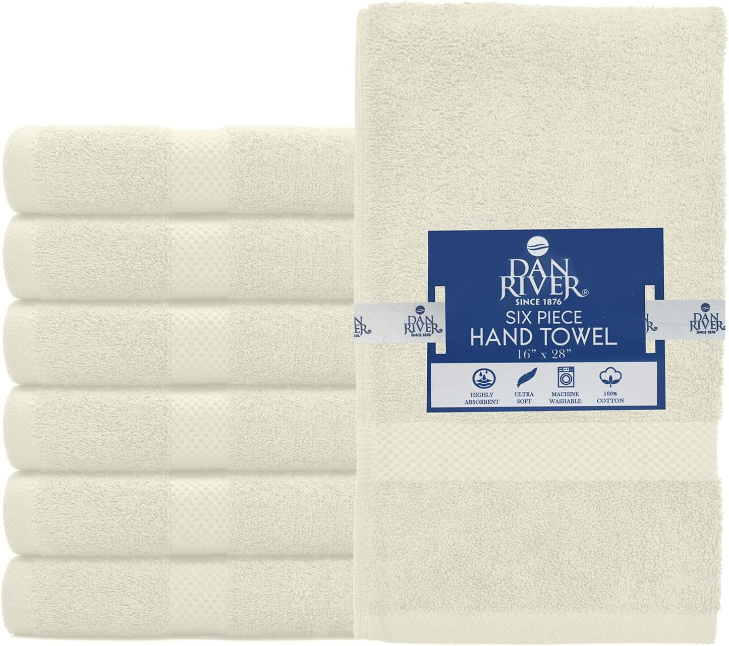 DAN RIVER 6-Pack Premium Hand Towels (16x28 Inches) - 100% Cotton, Ultra Soft, Lightweight, Highly Absorbent Towels for Bathroom, Spa, Gym, Salon, Hotel, and Travel - 550 GSM – Ivory
