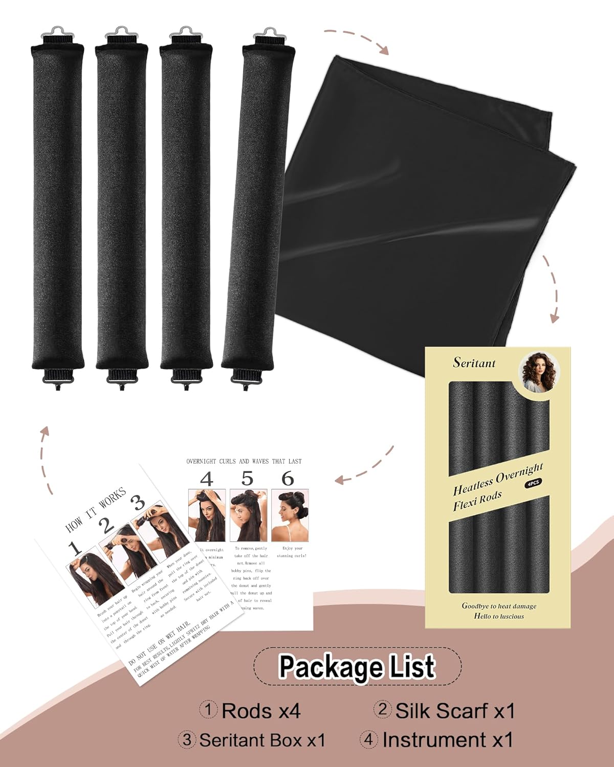 Heatless Curls Overnight Hair Curler - 4 Pcs Curling Rod to Sleep In, Velvet Hair Rollers with Satin Hair Scarf