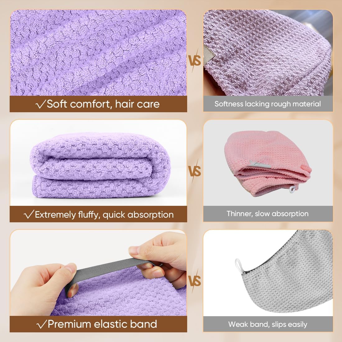 HOMEXCEL 5 Pack Microfiber Hair Towels - 40 x 20 inches Super Soft, Fast Drying Turbans for Long, Thick, Curly Hair - Anti Frizz Wrap with Elastic Strap, Purple/Blue/Grey