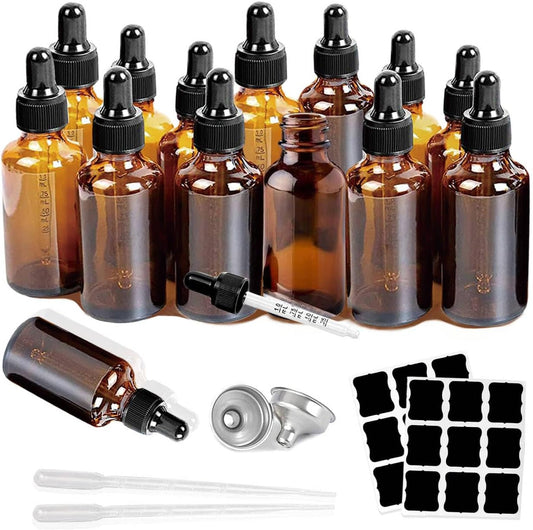 14Pack 2oz Tincture Bottles With Dropper Amber Glass Dropper Bottle with Measured Eye Dropper Funnels, Labels,60ml Empty Bottle Brown for Homemade Vanilla Essential Oil,Hair Oil,Herbalism,Liquids