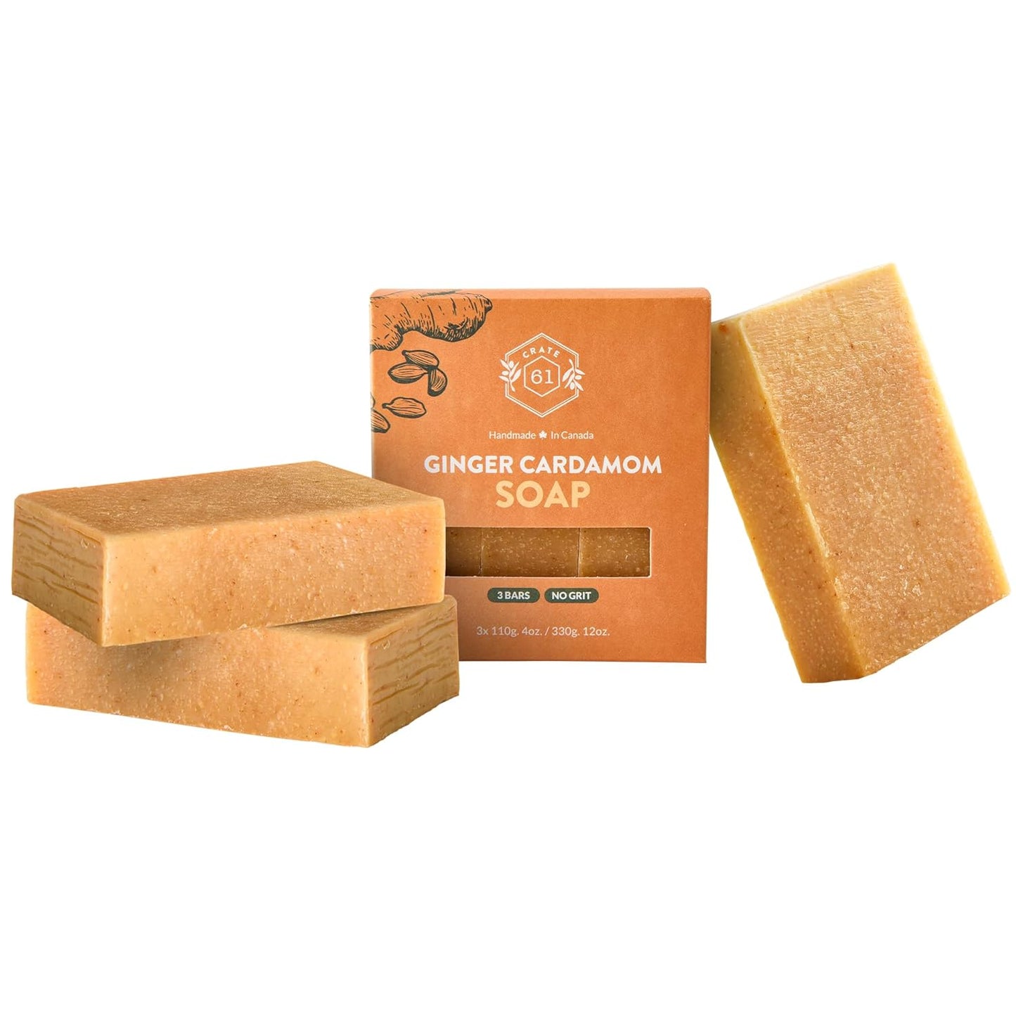 Crate 61 Organics, Handmade in Canada, Plant Based Natural Bar Soap Cold Pressed For Face & Body, w/Premium Essential Oils, For Men & Women 3 Pack (Ginger Cardamom)