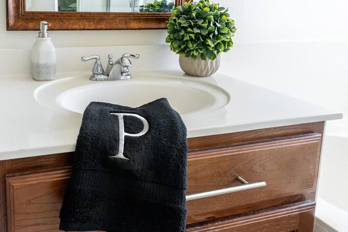 Black Monogrammed Hand Towel for Bathroom - Initial Hotel Quality Decorative Embroidered Luxury Towel for Powder Room, Spa - GOTS Organic Certified - Set of 2 White Letter P