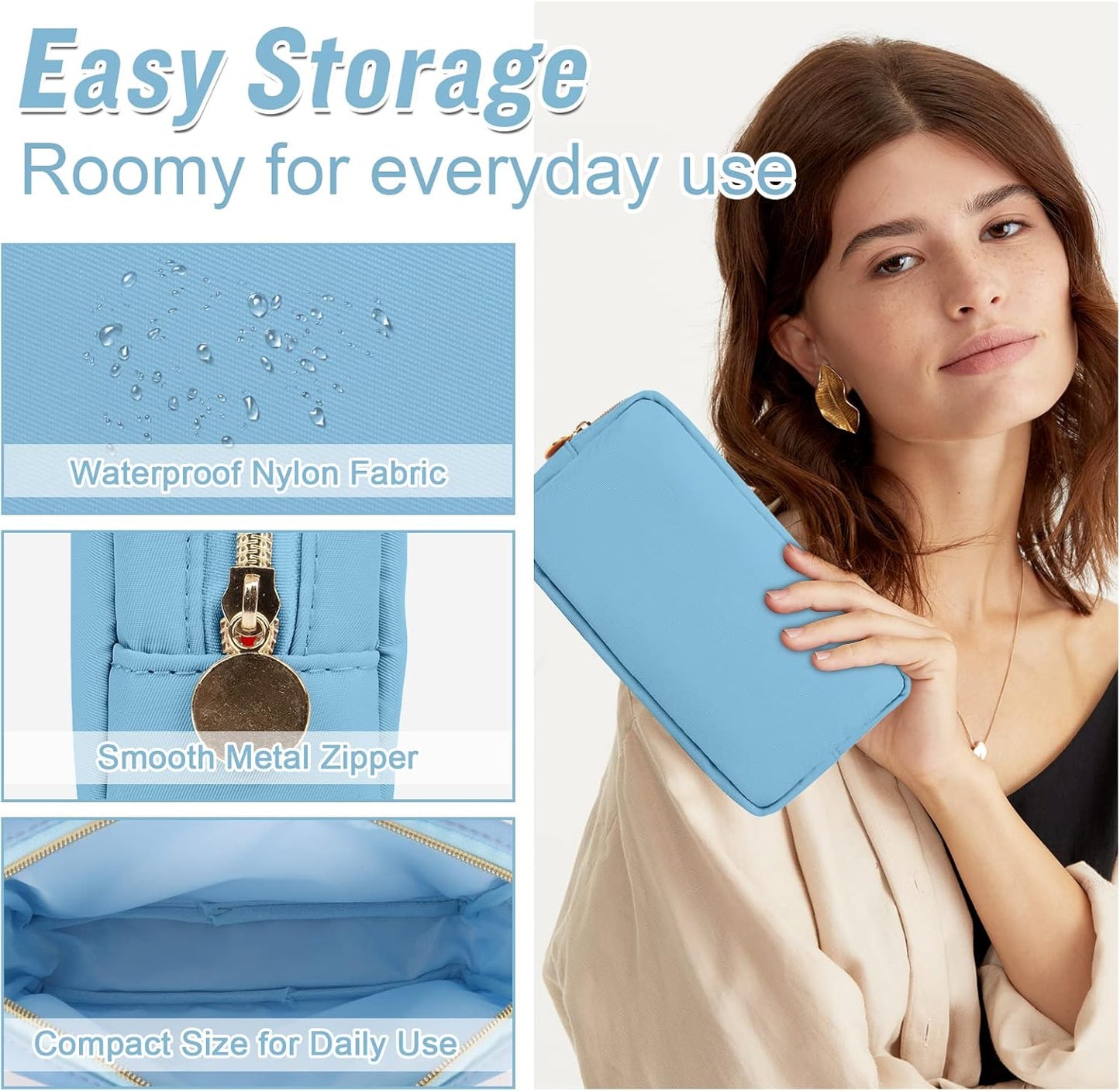 Nylon Small Makeup Bag for Purse, Cute Preppy Black Makeup Bag Cosmetic Zipper Pouch Purse, Waterproof Portable Travel Toiletry Bag Clutch Makeup Brush Bag Organizer Storage for Women Men Girls(Black)