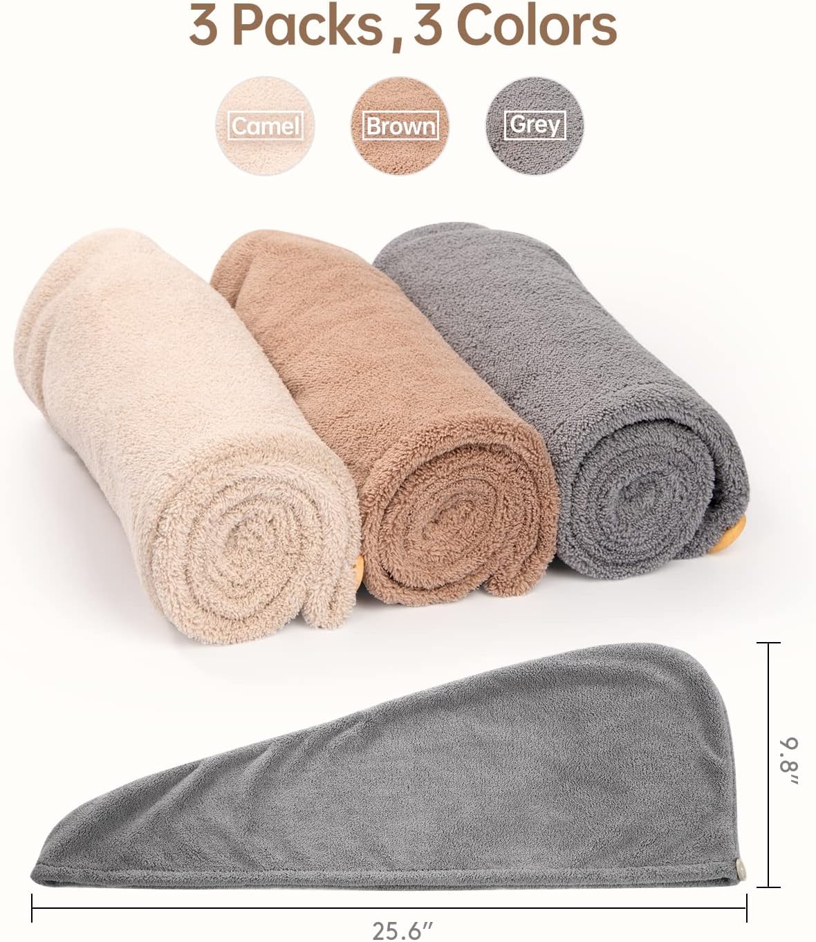 YFONG 3 Pack Hair Drying Towels, Hair Towel with Button, Super Absorbent Microfiber Hair Towel for Curly Hair, Fast Drying Hair Wraps for Women Girls, Microfiber Towel for Hair