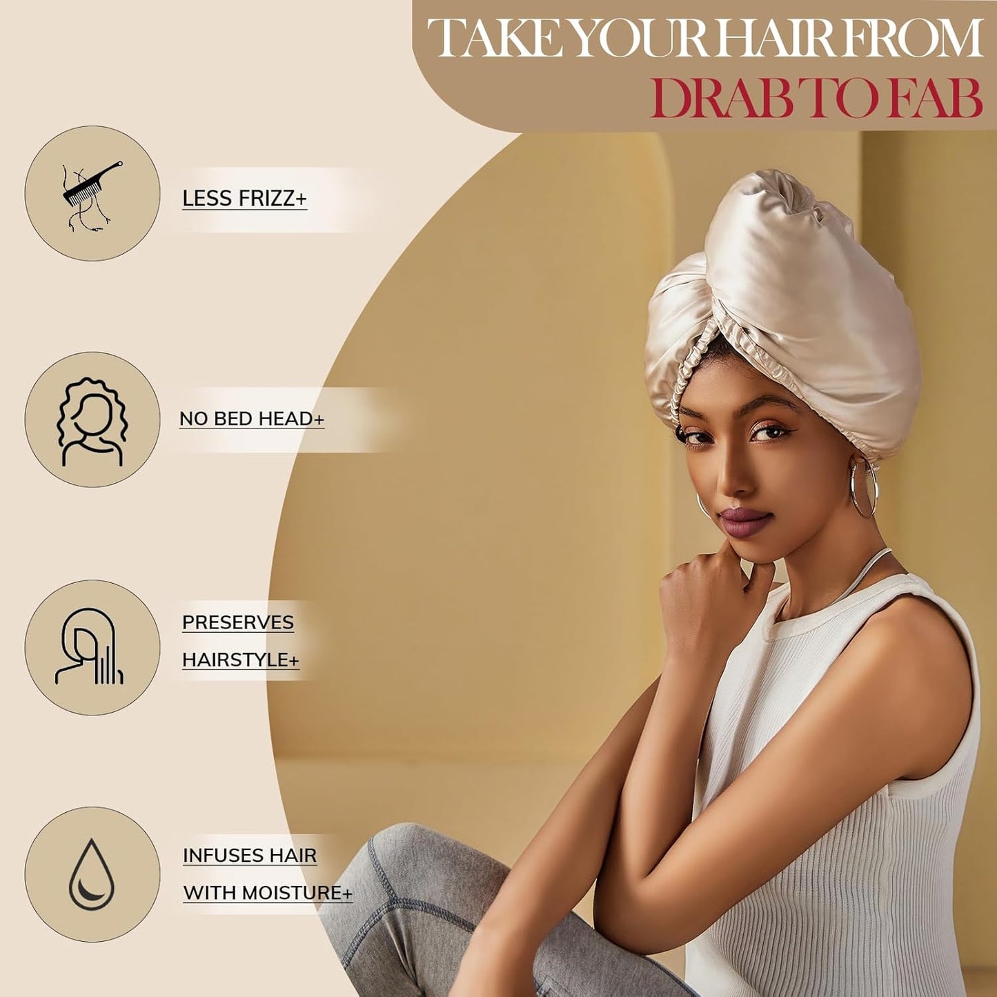 PROMEED Long Silk Hair Turban with Hyaluronic Acid Infusion, 100% 23 Momme Mulberry Silk Bonnet Hair Wrap for Sleeping