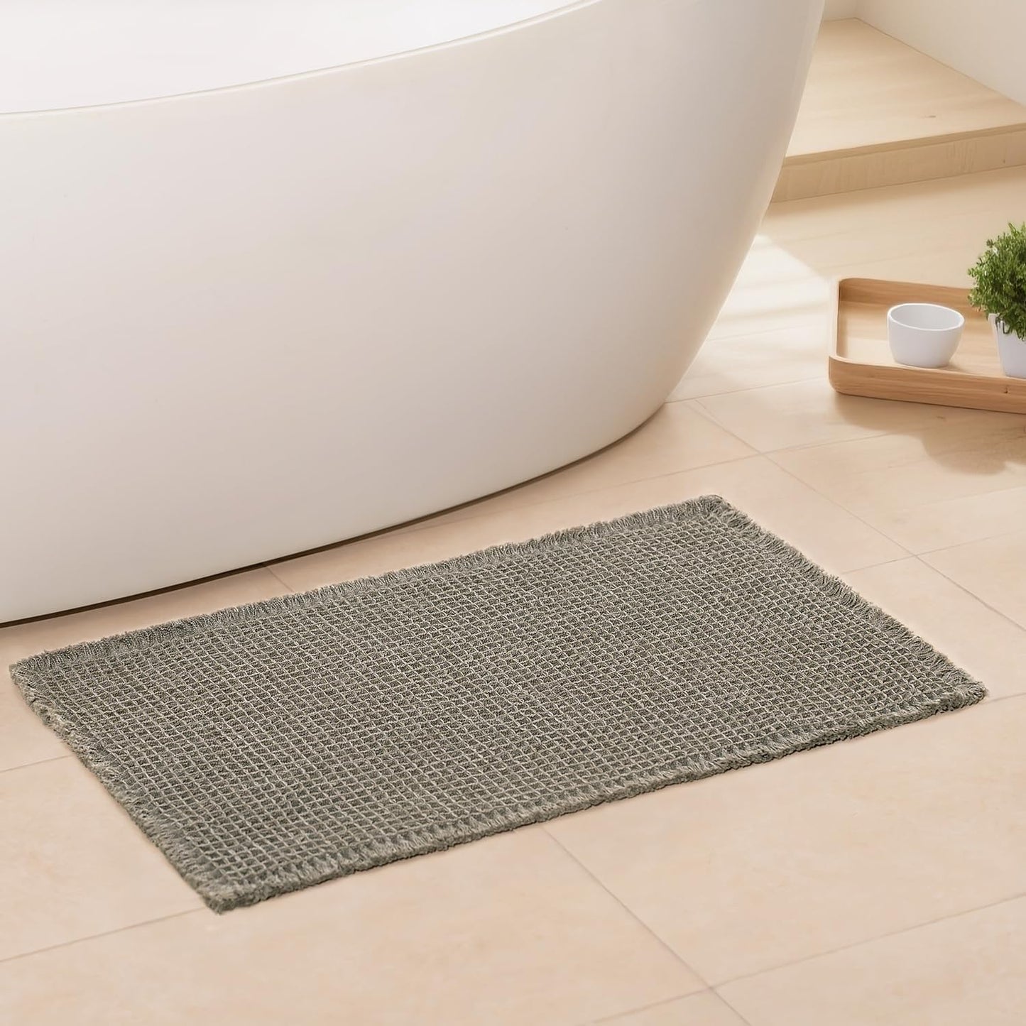 Waffle Bath Mat - Boho Bathroom Rugs Non Slip Washable, Super Absorbent & Quick Dry, Small Bath Mats Farmhouse Bathroom Decor, 18'' x 30'', Olive Green