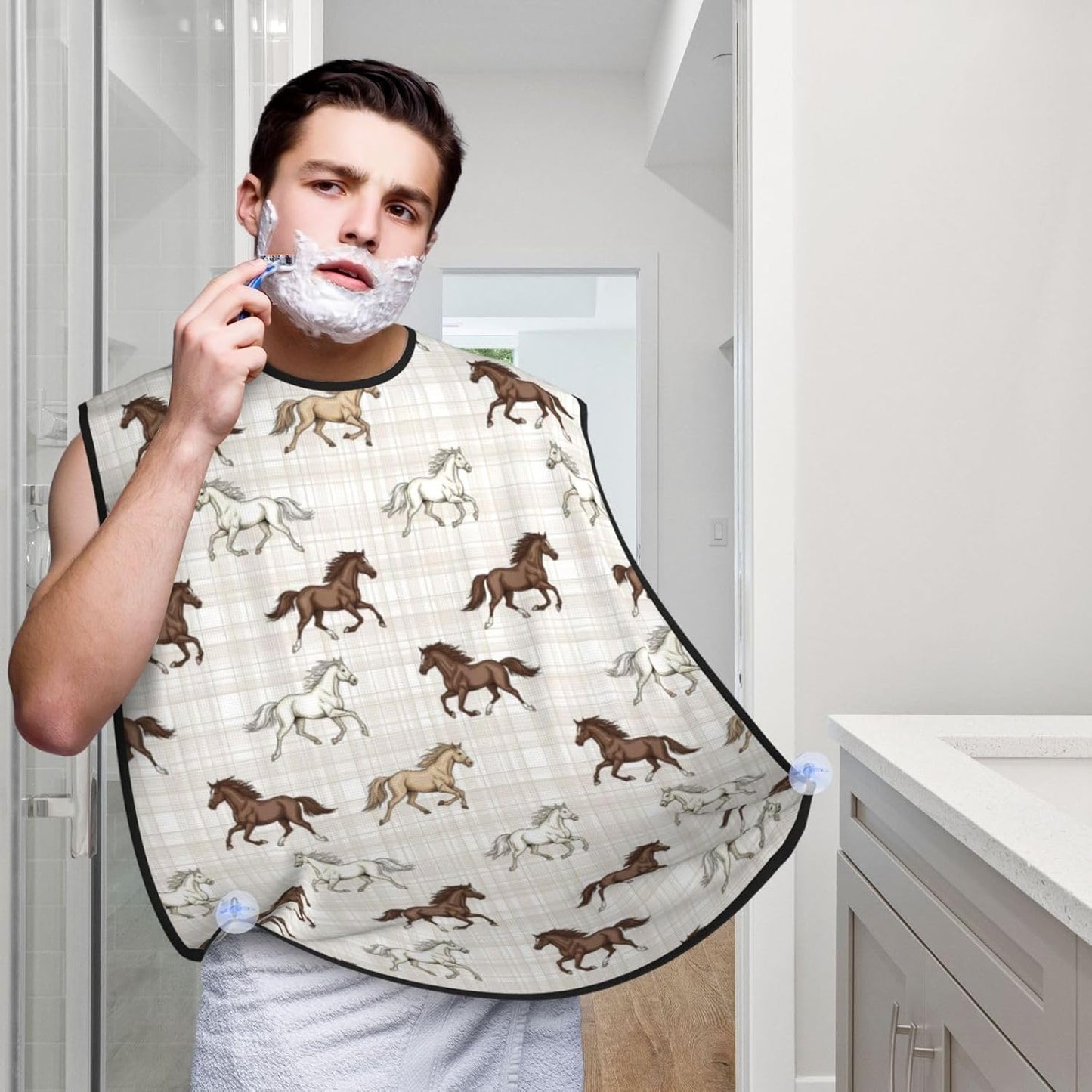 Stretchable Beard Cape, Non-Stick Hair Catcher for Trimming, Waterproof Grooming Apron, Running Beautiful Horses Checkered Pink Plaid