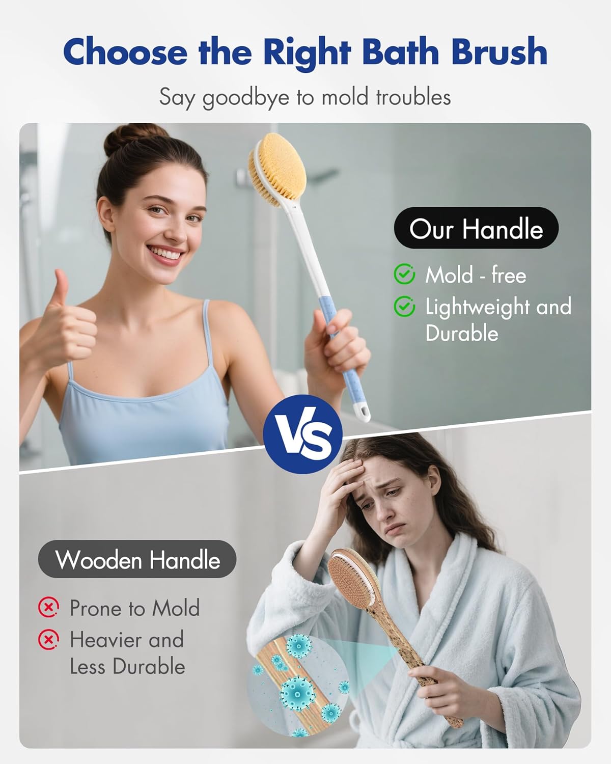 Back Scrubber Body Shower Brush: 20.5‘’ Extra Long Anti Slip Handle Bath Brush with Stiff and Soft Bristles - Showering Exfoliator Wet or Dry Brushing for Women, Men, Elderly (Blue)