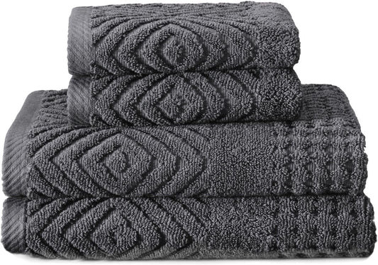 Texere 100% Organic Cotton Diamond Jacquard 700 GSM Luxury Bath Towel Sets - Ultra Soft and Absorbent Hotel and Spa Quality (Diamond, Charcoal, 2 Hand & 2 Face Towels)