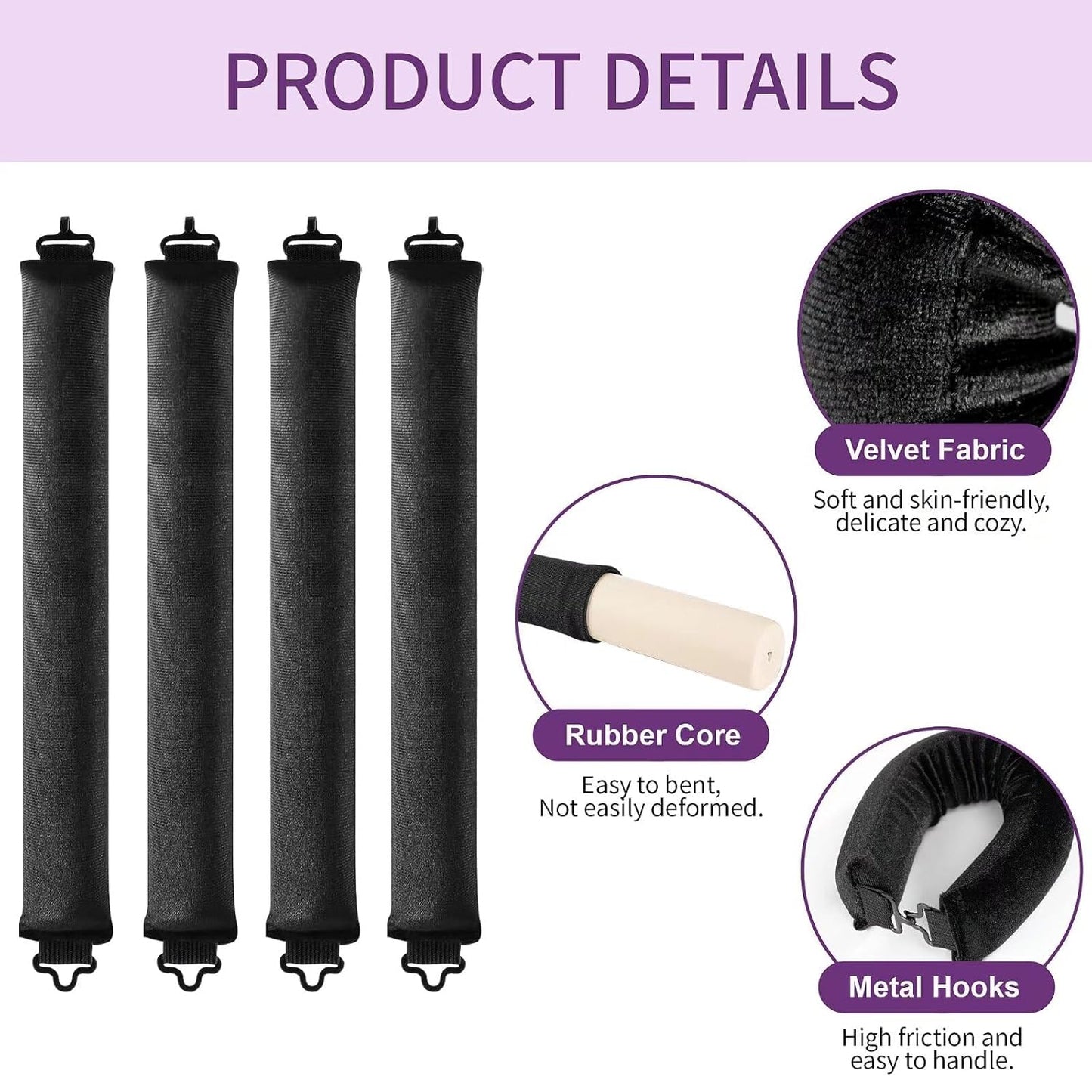 Heatless Curls Overnight Hair Curlers - 4 Pcs No-Heat Curling Rod to Sleep In,Velvet Hair Rollers with Satin Wrap