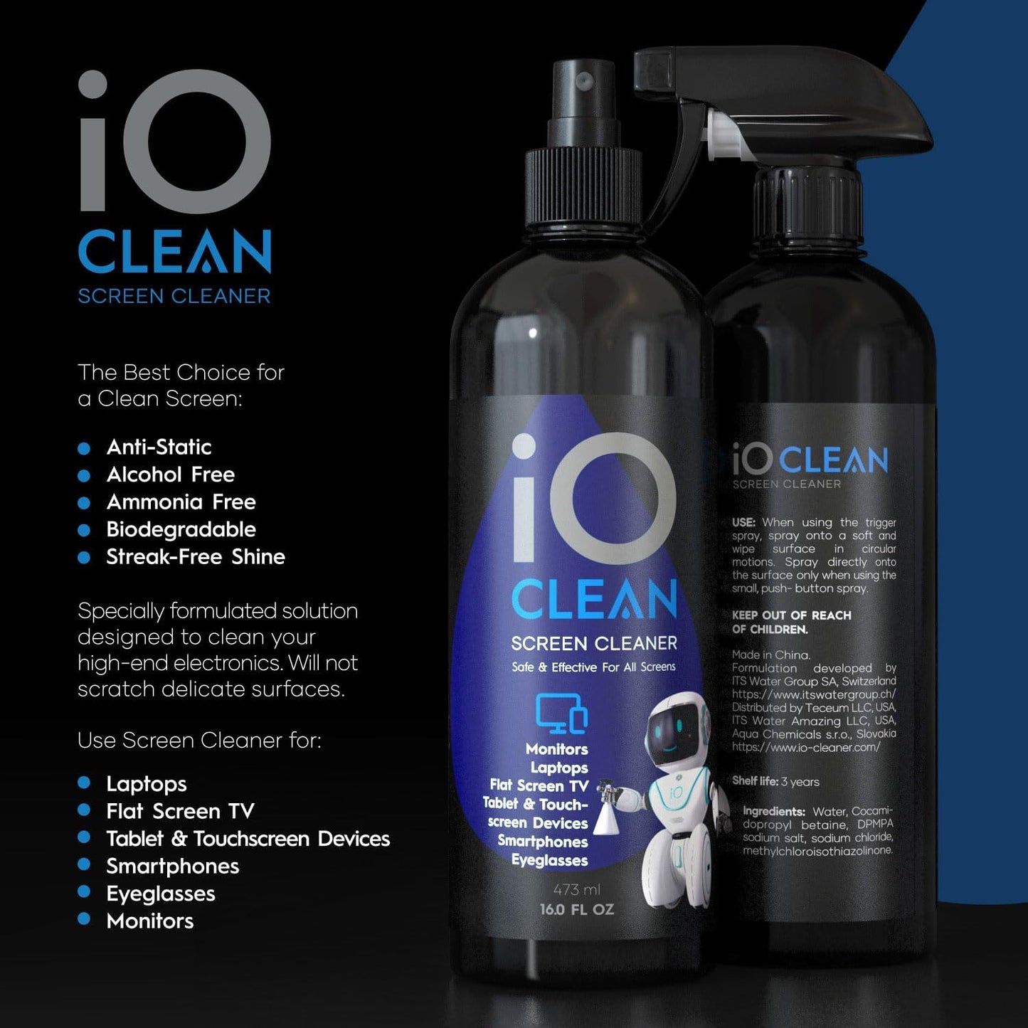 Screen Cleaner Spray (16oz - 473ml) – Best Large Cleaning Kit for LCD LED OLED TV, Smartphone, iPad, Laptop, Touchscreen, Computer Monitor, Electronic Devices, 3 Microfiber Cloths and 2 Nozzles