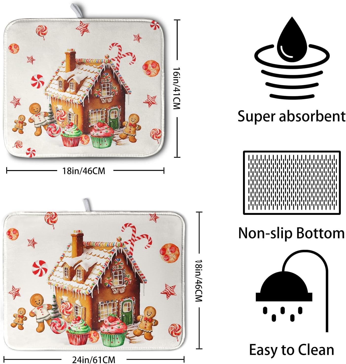 Christmas Dish Drying Mat for Kitchen Counter 16x18 Gingerbread House Man Candy Canes Cookie Cake Drying Mat for Dishes Xmas Winter Holiday Microfiber Drying Pad Dish Drying Pad for Coffee Bar Sink