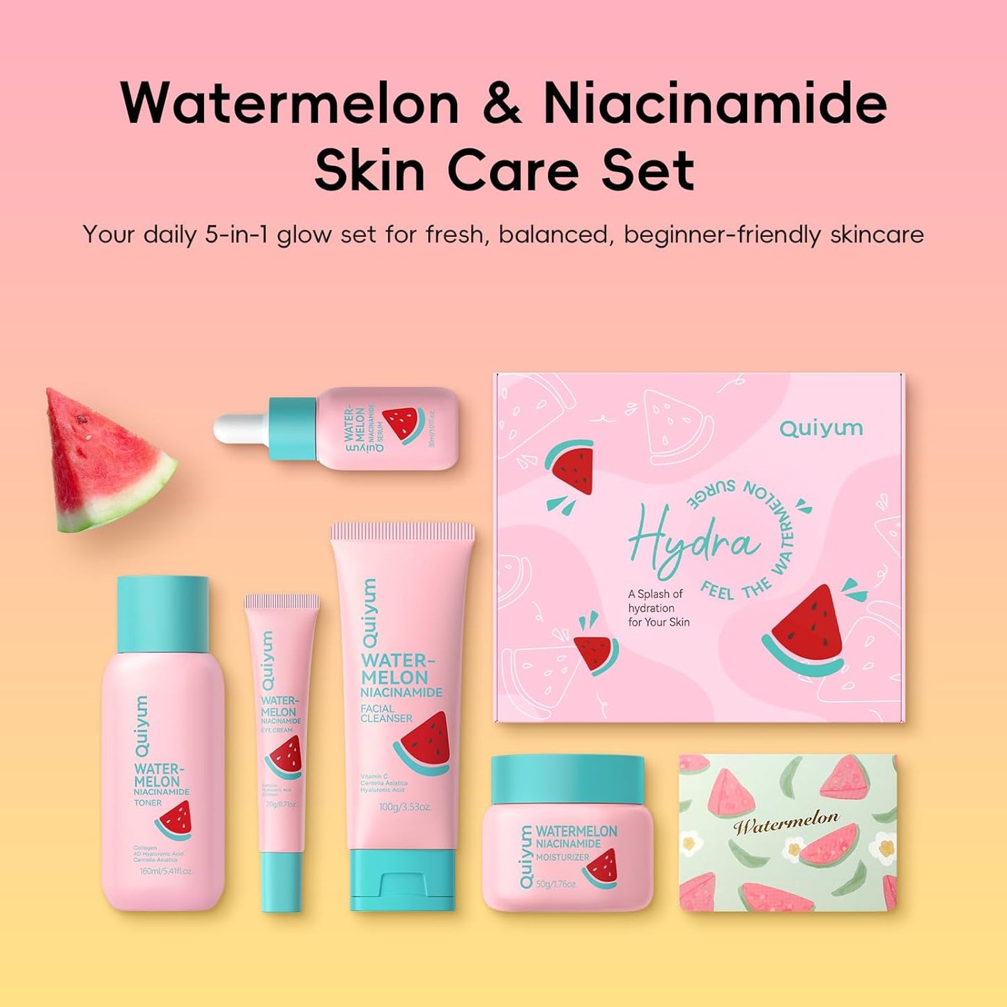 Watermelon Niacinamide Skin Care Set, Routine Beauty Skin Care for Teens- Gift Set with Cleanser, Toner, Eye Cream, Cream, Serum, Facial Glow Up Set for Women, Girls, Travel Sets, for All Skin Types