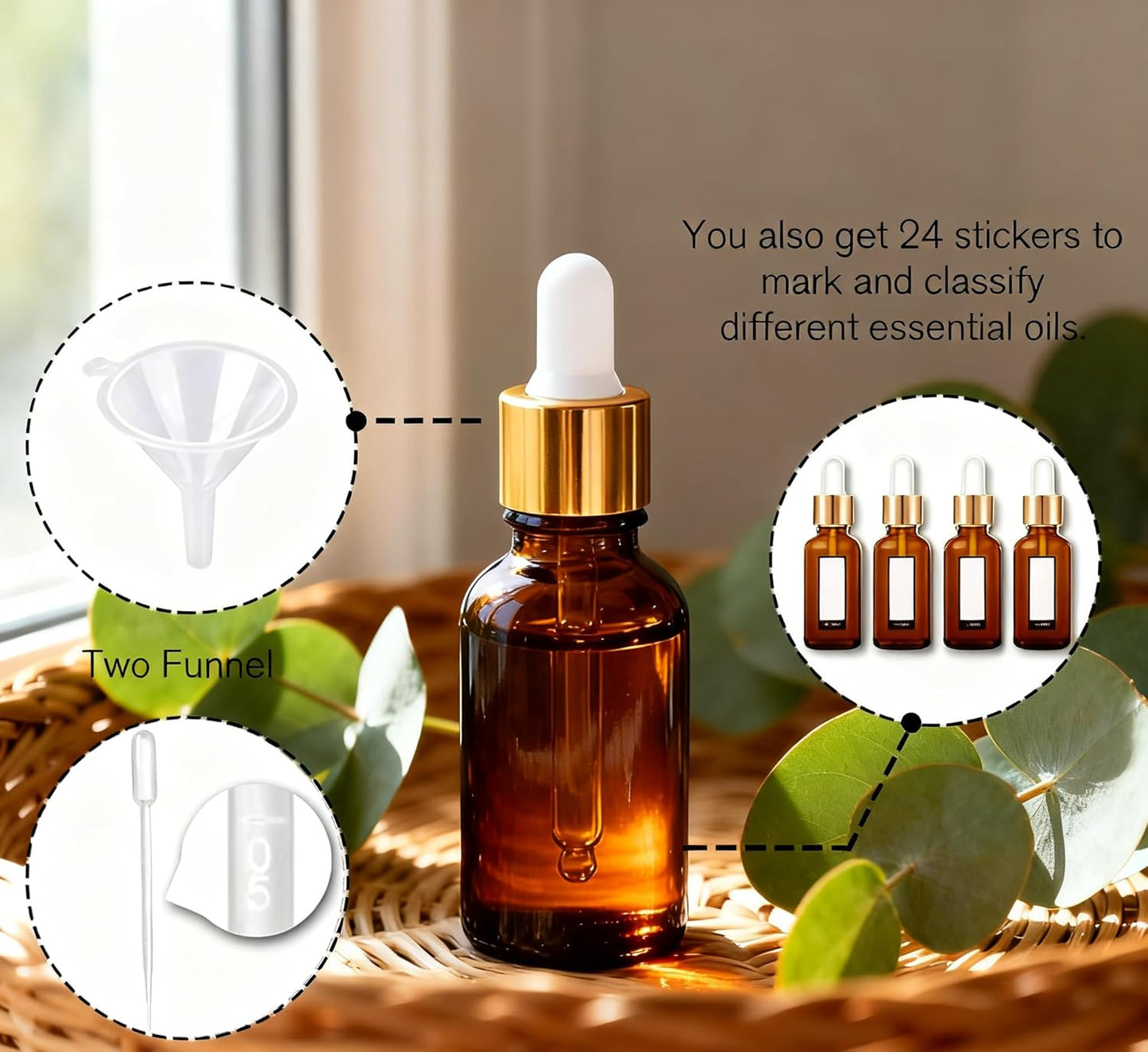 PrettyCare Glass Eye Dropper Bottles 24 Pack, 0.5oz (15ml) Small Amber Empty Thick Bottles with Leakproof Golden Caps - With Labels & Funnels for Storage, Travel, Essential Oils, Tinctures