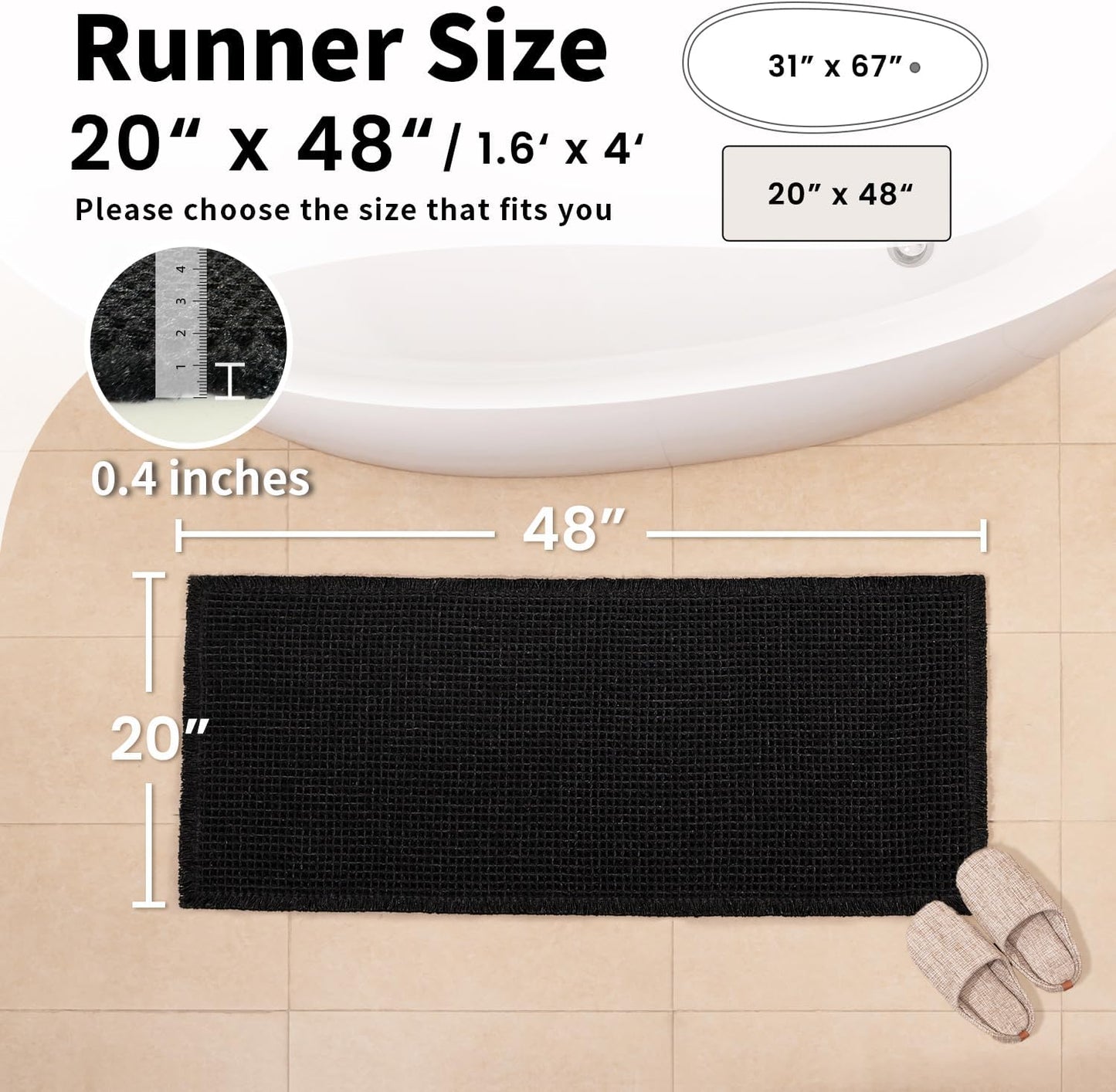 Black Bathroom Rug - Waffle Bath Mat Non Slip Washable, Super Absorbent & Quick Dry, Boho Bath Mat Farmhouse Bathroom Decor, 20'' x 48'', Black