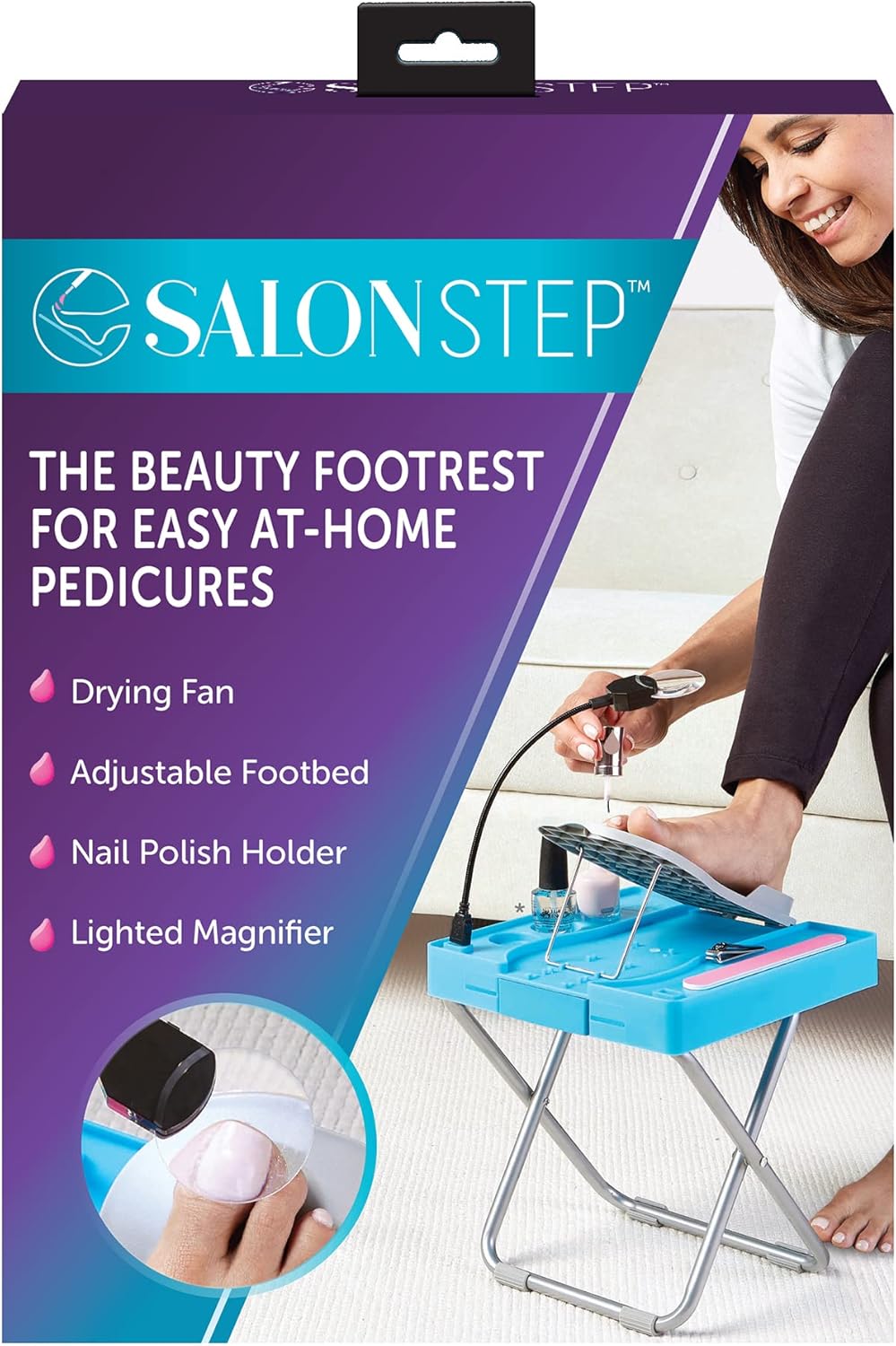 Salon Step The Beauty Footrest for Easy at-Home Pedicures, Treat Your Feet, No More Bending or Stretching with LED Magnifier, Drying Fan, Adjustable Foot Rest, Non-Slip Sturdy Legs & Built-in Storage