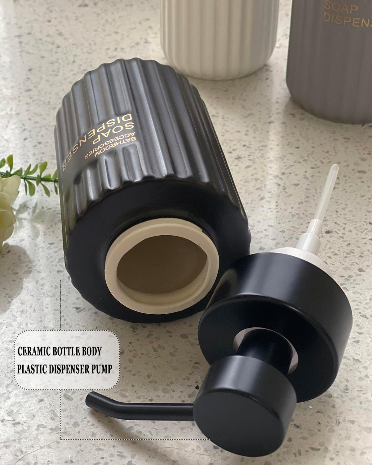 11.5 Oz Foaming Soap Dispenser for Bathroom,Kitchen Foam Soap Dispenser,Refillable Modern Foam Pump Bottle,Black Ceramic Foaming Hand Pump Dispenser (Black Stripe)