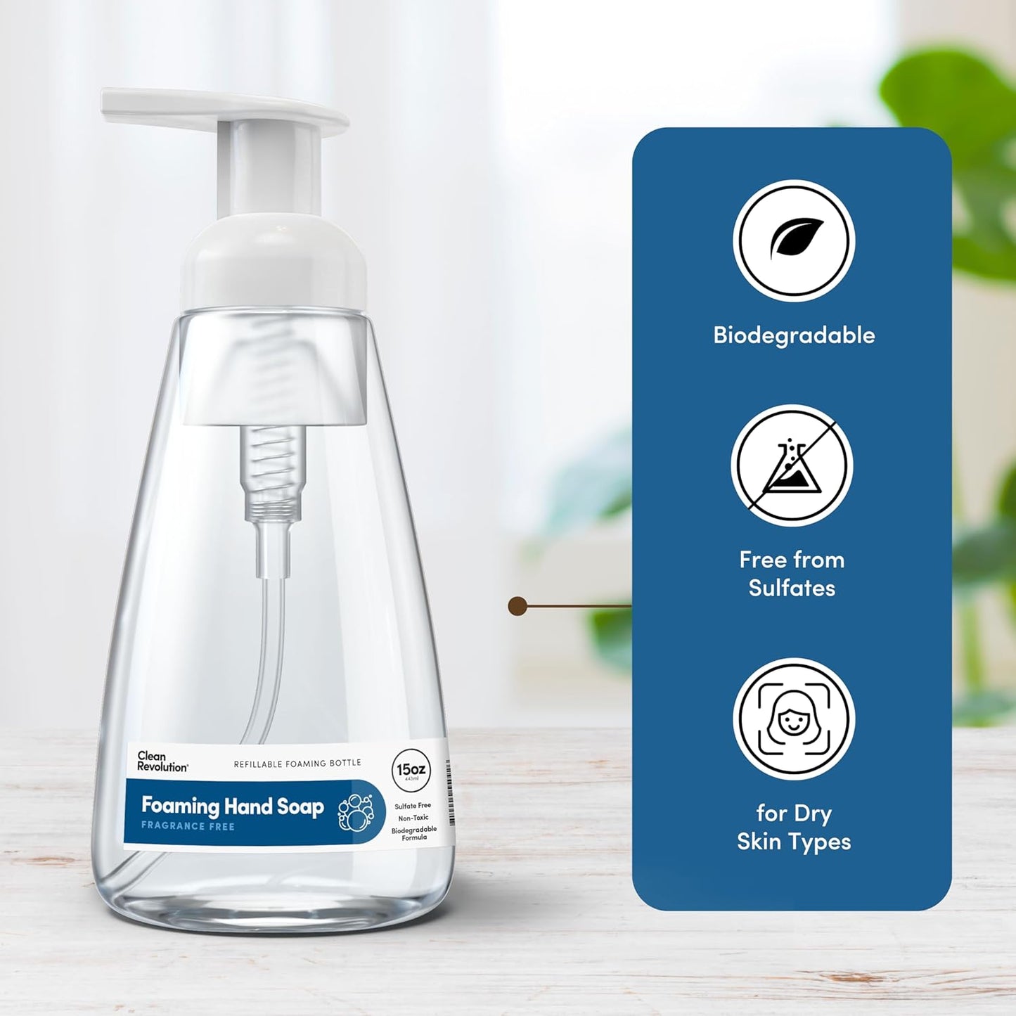 Clean Revolution Ready to Use Foaming Hand Soap| Three Pack | Jumbo 15oz Bottles | Gentle, Moisturizing & Eco-Friendly | Real Essential Oils | Fragrance Free | 45 Total Fl Oz, Clear