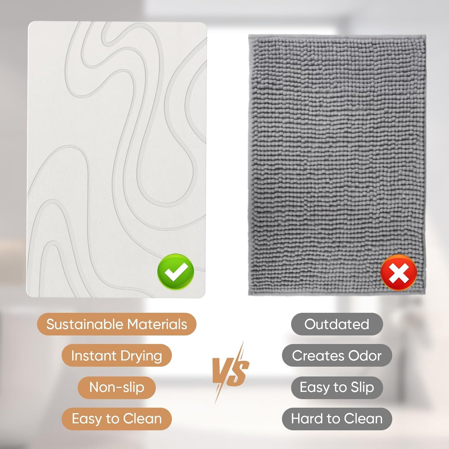 Stone Bath Mat Diatomite Stone Mats for Bathroom Non-Slip Diatomaceous Earth Shower Mat Super Absorbent Bathroom Floor Mat Natural Easy to Clean(24 * 16 White)