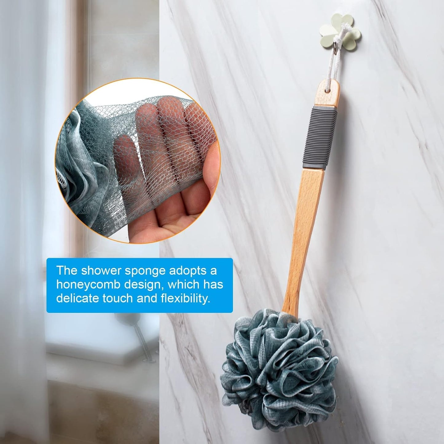 AmazerBath Shower Sponge Loofah Back Scrubber, PE Soft Mesh Loofah Body Scrubber with Long Wooden Handle, Bath Sponge for Men Women (Gray)