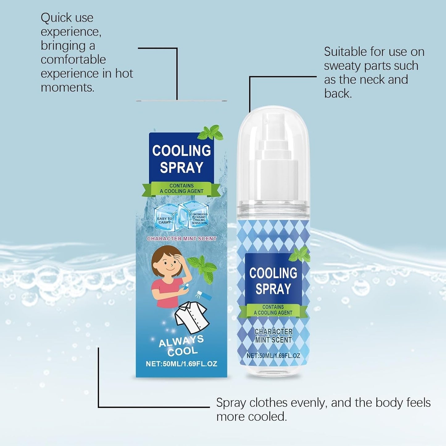 Cooling Body Spray with Mint Scent, 50ml/1.69oz, Portable Design, Non-Sticky Formula