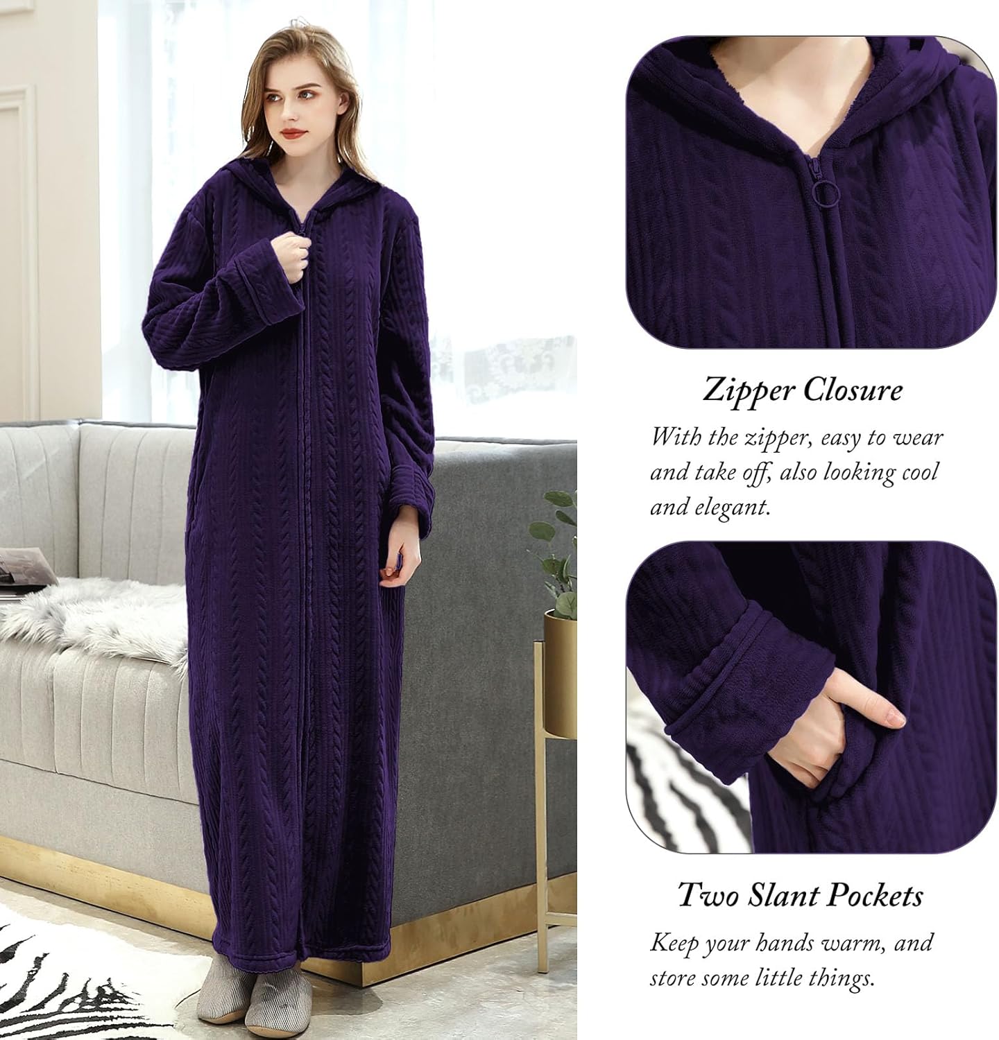 Hellomamma Long Hooded Zipper Bathrobe for Womens Flannel Fleece Robes Winter Warm Housecoat Nightgown Sleepwear Pajamas