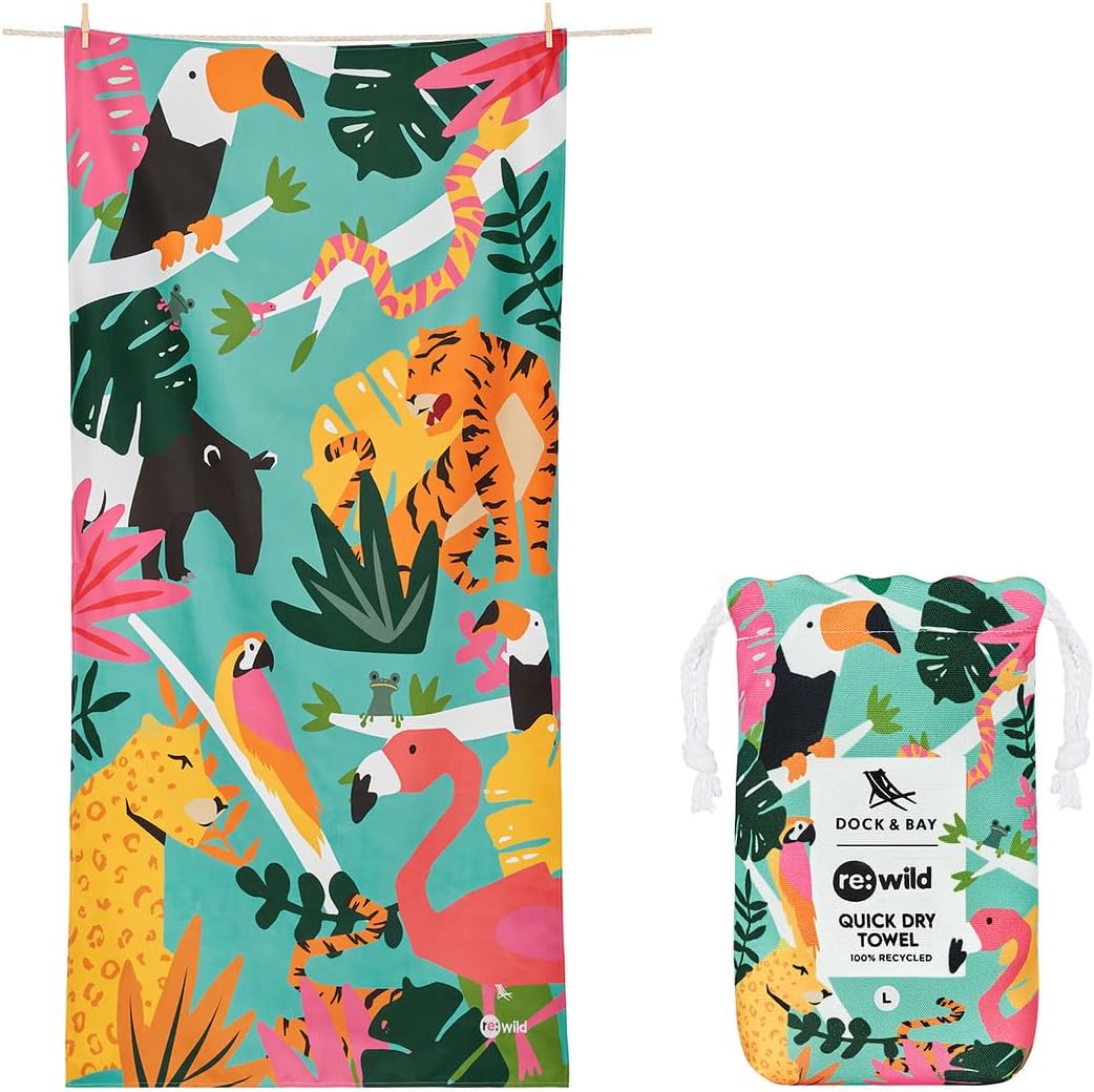 Dock & Bay Beach Towel - Quick Dry, Sand Free - Compact, Lightweight - 100% Recycled - Includes Bag - Wild Things - Large (160x90cm, 63x35)