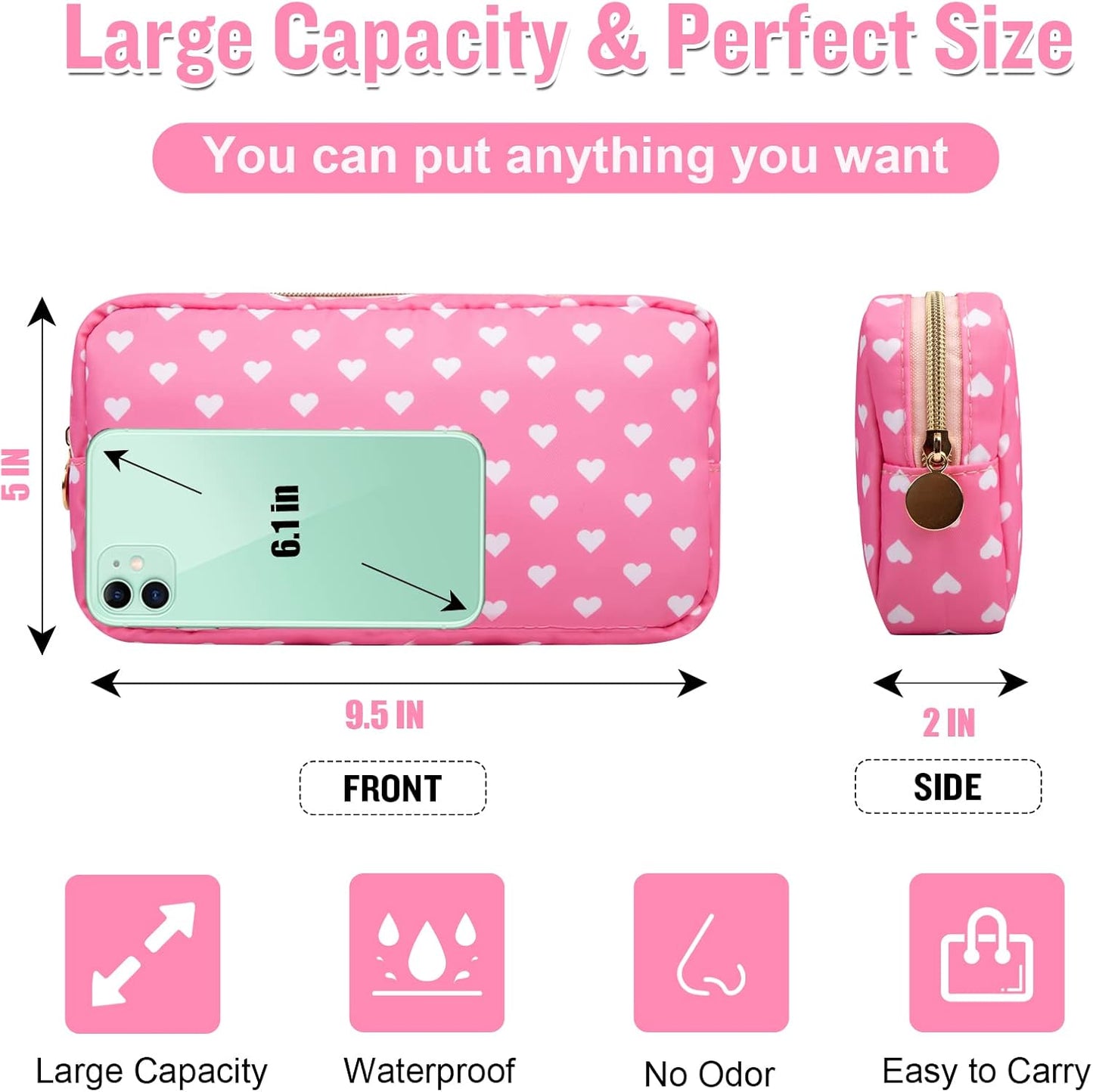 Nylon Small Makeup Bag for Purse, Cute Makeup Bag Preppy Cosmetic Zipper Pouch Purse, Waterproof Portable Travel Toiletry Bag Clutch Makeup Brush Bag Organizer Storage for Women Men Girls(Pink Heart)