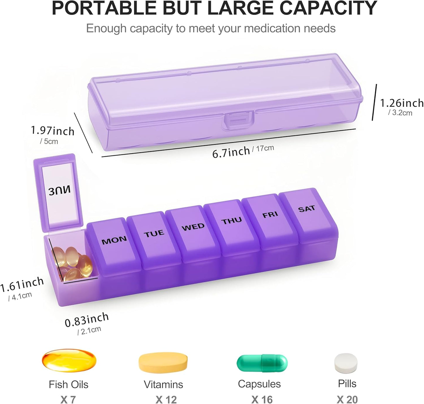 Silicone Weekly Pill Organizer 7 Day, Arthritis-Friendly Medicine Box Daily Pill Box, Large Medicine Case with Shell, Compact Travel Pill Container for Pill, Vitamin, & Fish Oil (Purple)