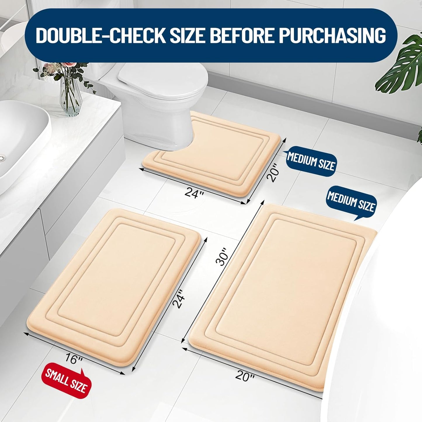 Grandaily Memory Foam Bath Mat Rug 24x16, Ultra Soft, Non-Slip and Absorbent Bathroom Rugs, Machine Wash Dry, Comfortable Bath Carpet for Bathroom Floor, Tub and Shower, Beige