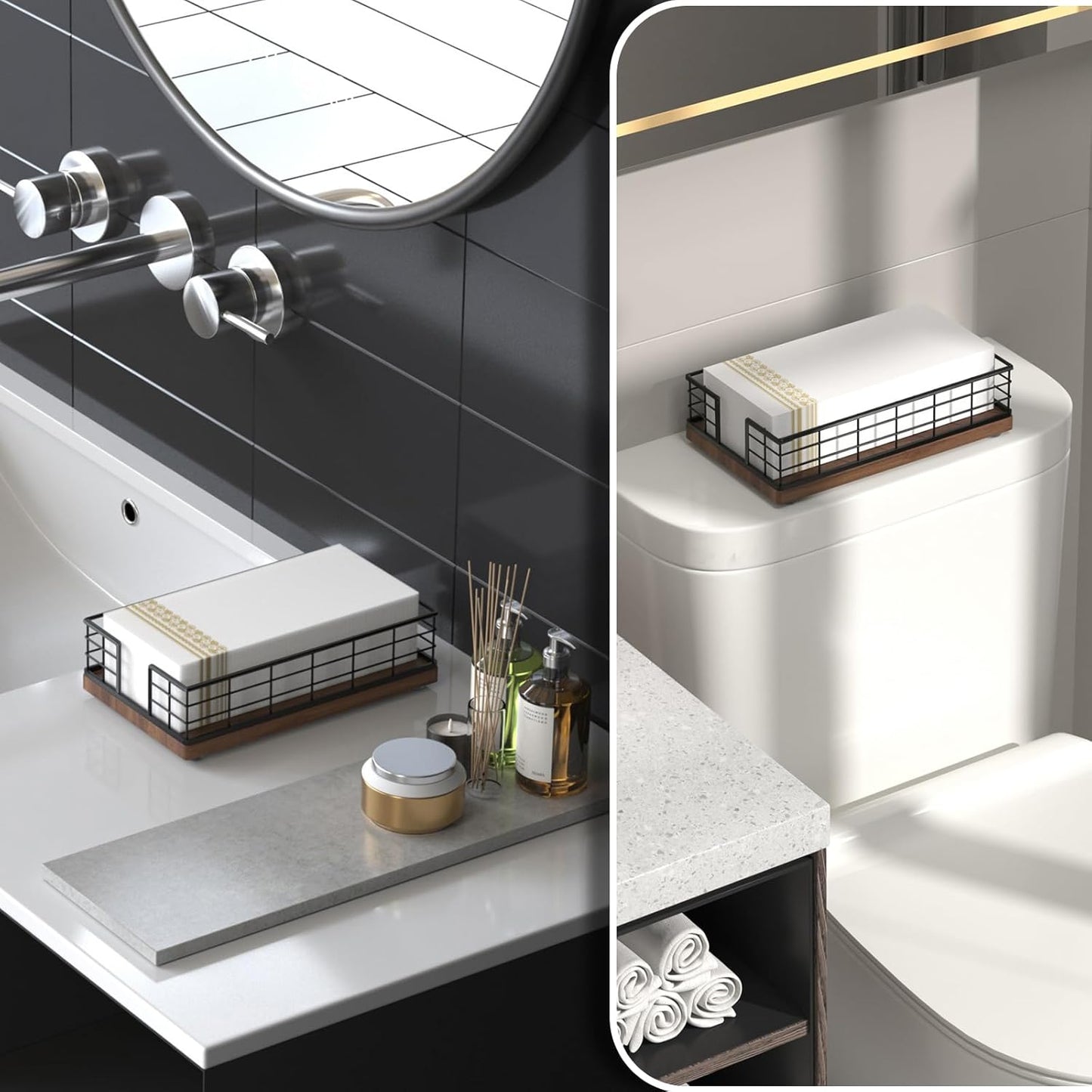 Wican Guest Towel Holder Tray for Bathroom, Oak and Iron Napkins Holder for Powder Room Dinning Table Wooden Basket for Disposable Paper Hand Towels Black & Walnut