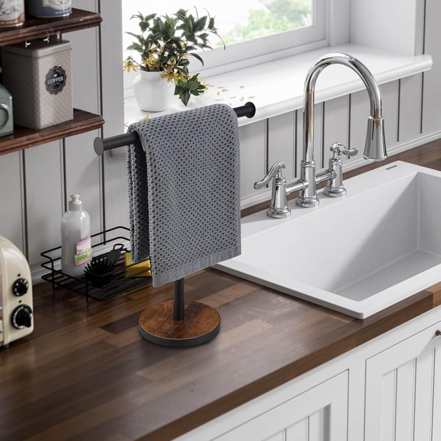 Towel Holder Stand, Countertop Hand Towel Stand for Bathroom and Kitchen, Free Standing Counter Towel Rack with Weighted Wood Base, Rustic Black and Brown