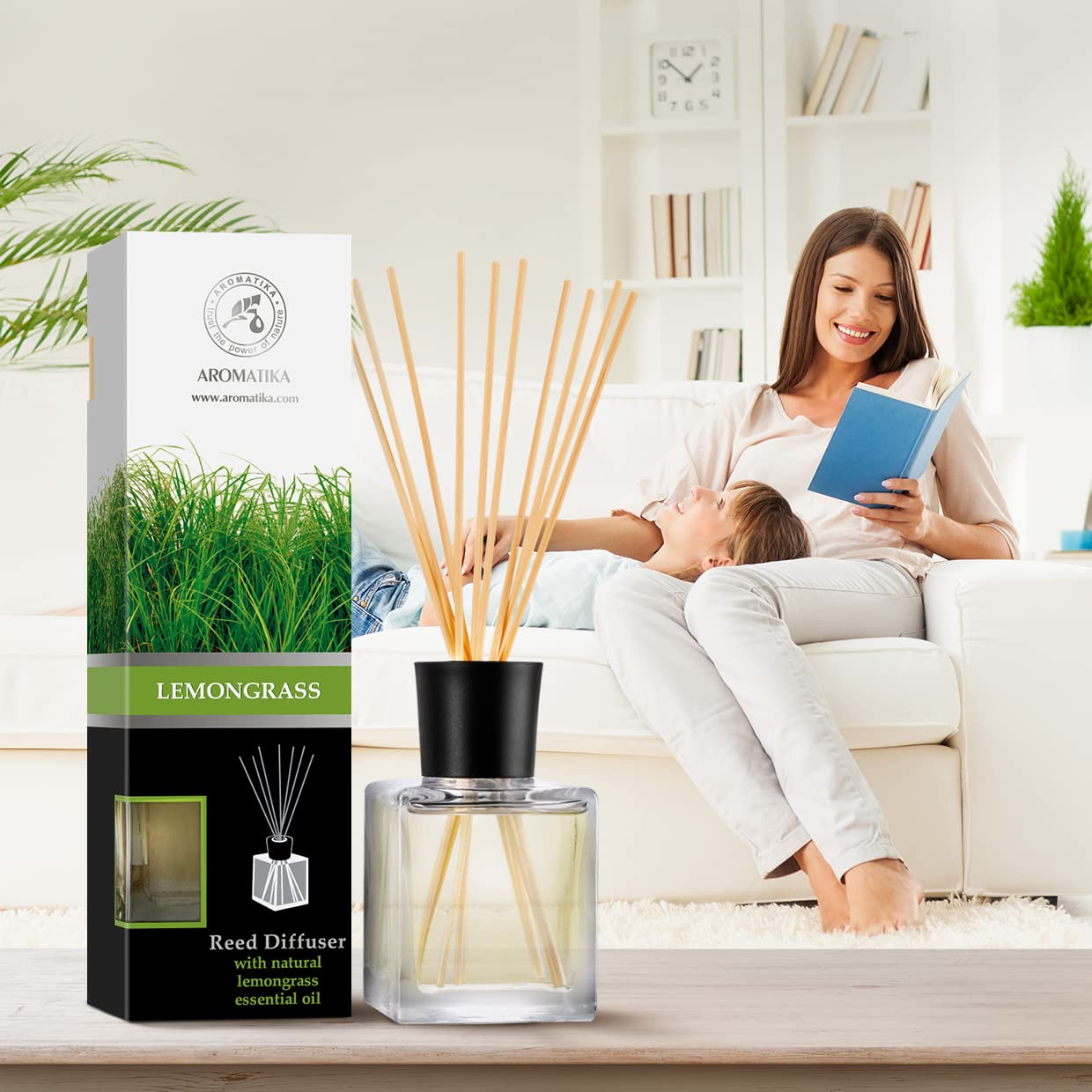 Room Fragrance Diffuser Lemongrass 6.8 Fl Oz - 200ml - with Bamboo Sticks - with Pure & Natural Lemongrass Essential Oil - Intensive Room Scent - Diffuser Gift Set