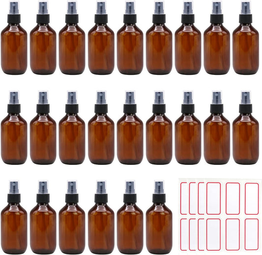 TRENDBOX 24 Pack 3.4oz Amber Spray Bottles, Small Fine Mist Mister Plastic Travel Bottles, Empty Bottles Set for Essential Oils Hair